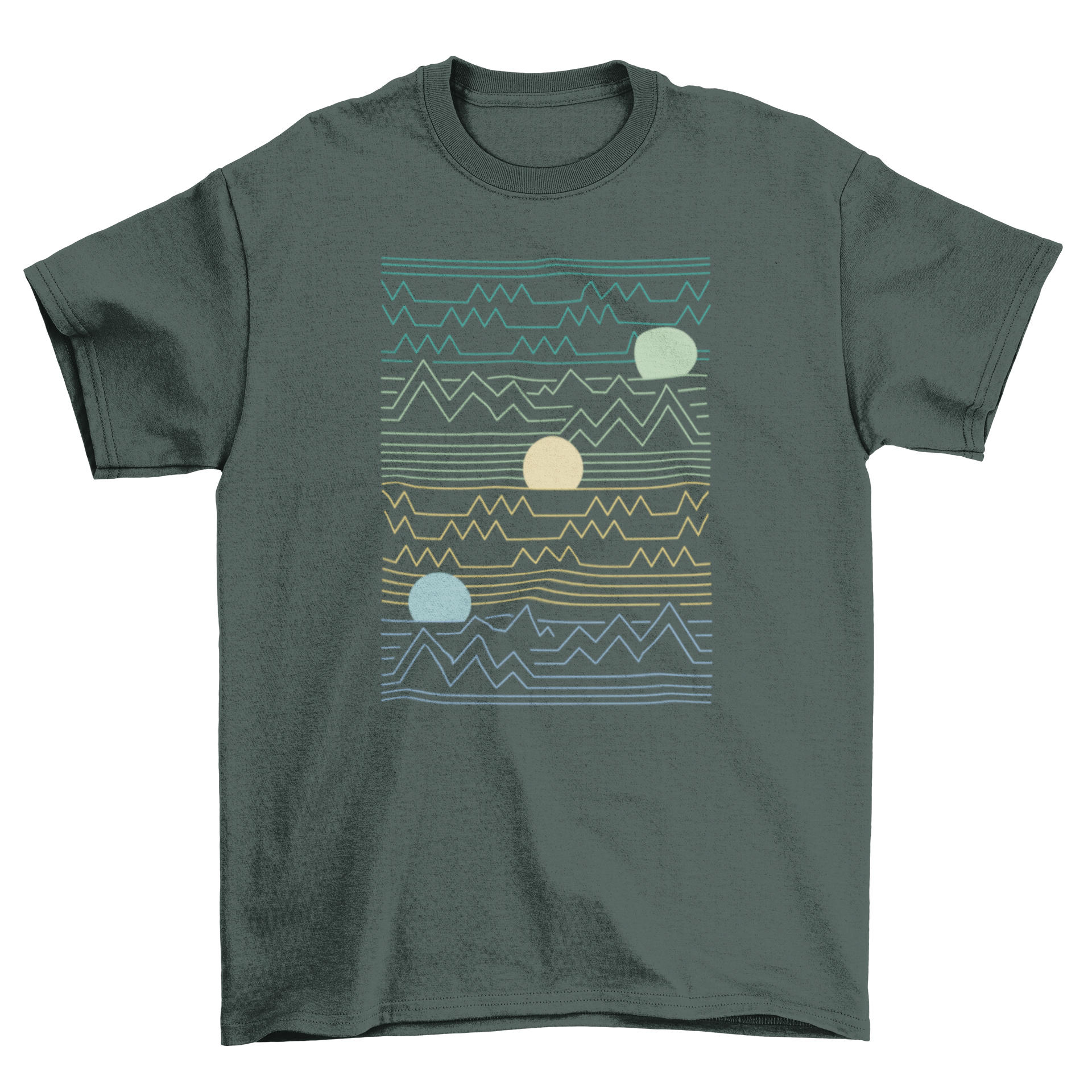 A stylish t-shirt featuring a lineal sunset landscape design with vibrant colors.