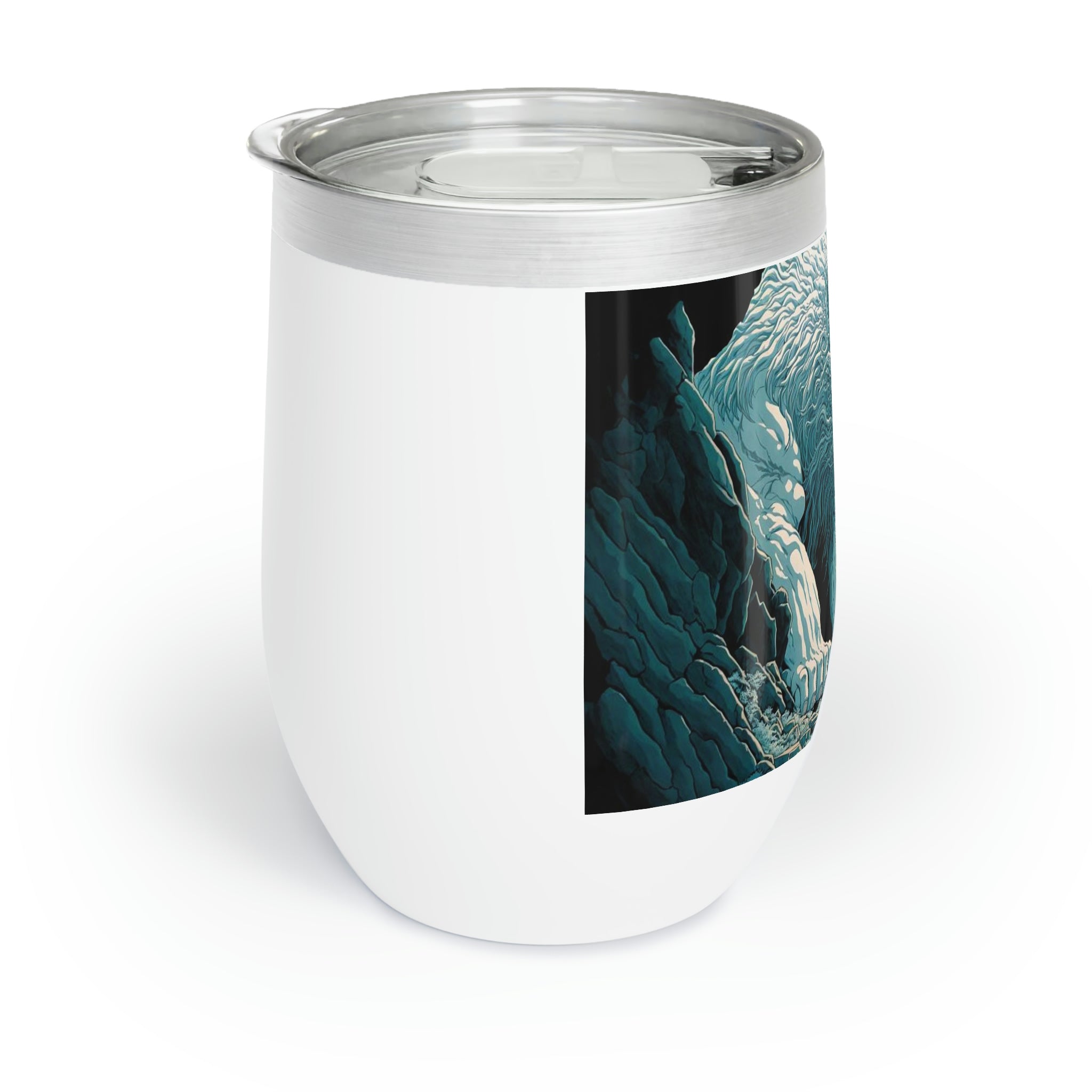 Lion Chill Wine Tumbler in stainless steel with double-insulated walls, showcasing a sleek stemless design.