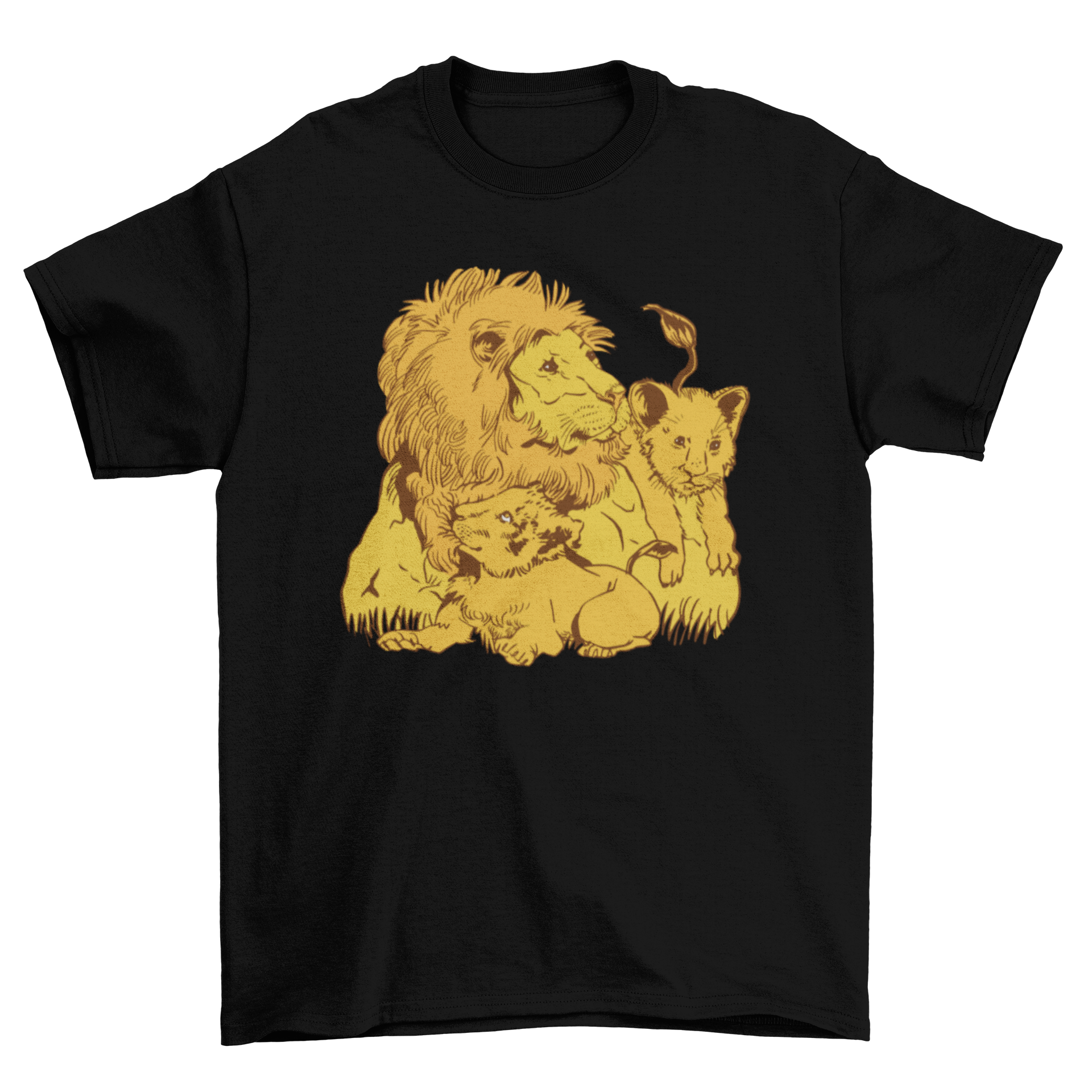 A vibrant t-shirt featuring a lion dad with his playful cubs, showcasing a heartwarming family bond.