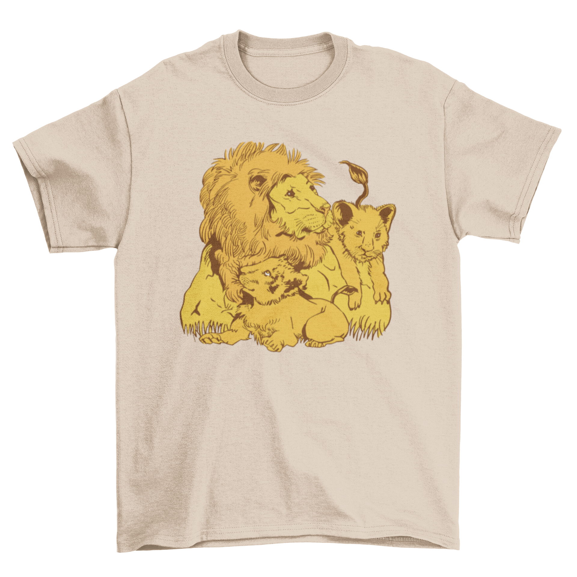 A vibrant t-shirt featuring a lion dad with his playful cubs, showcasing a heartwarming family bond.