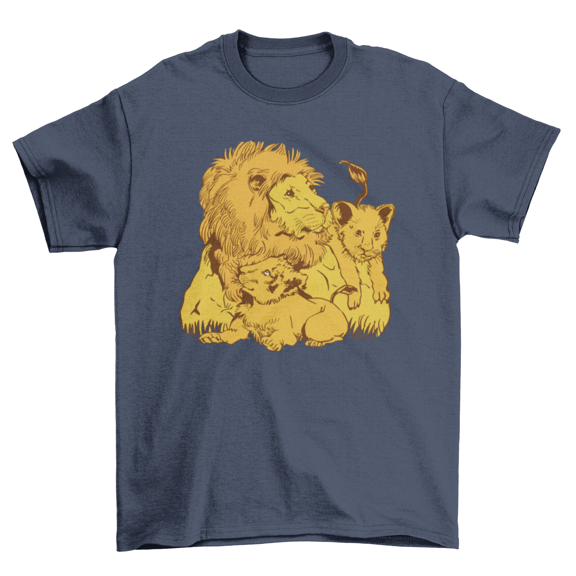 A vibrant t-shirt featuring a lion dad with his playful cubs, showcasing a heartwarming family bond.