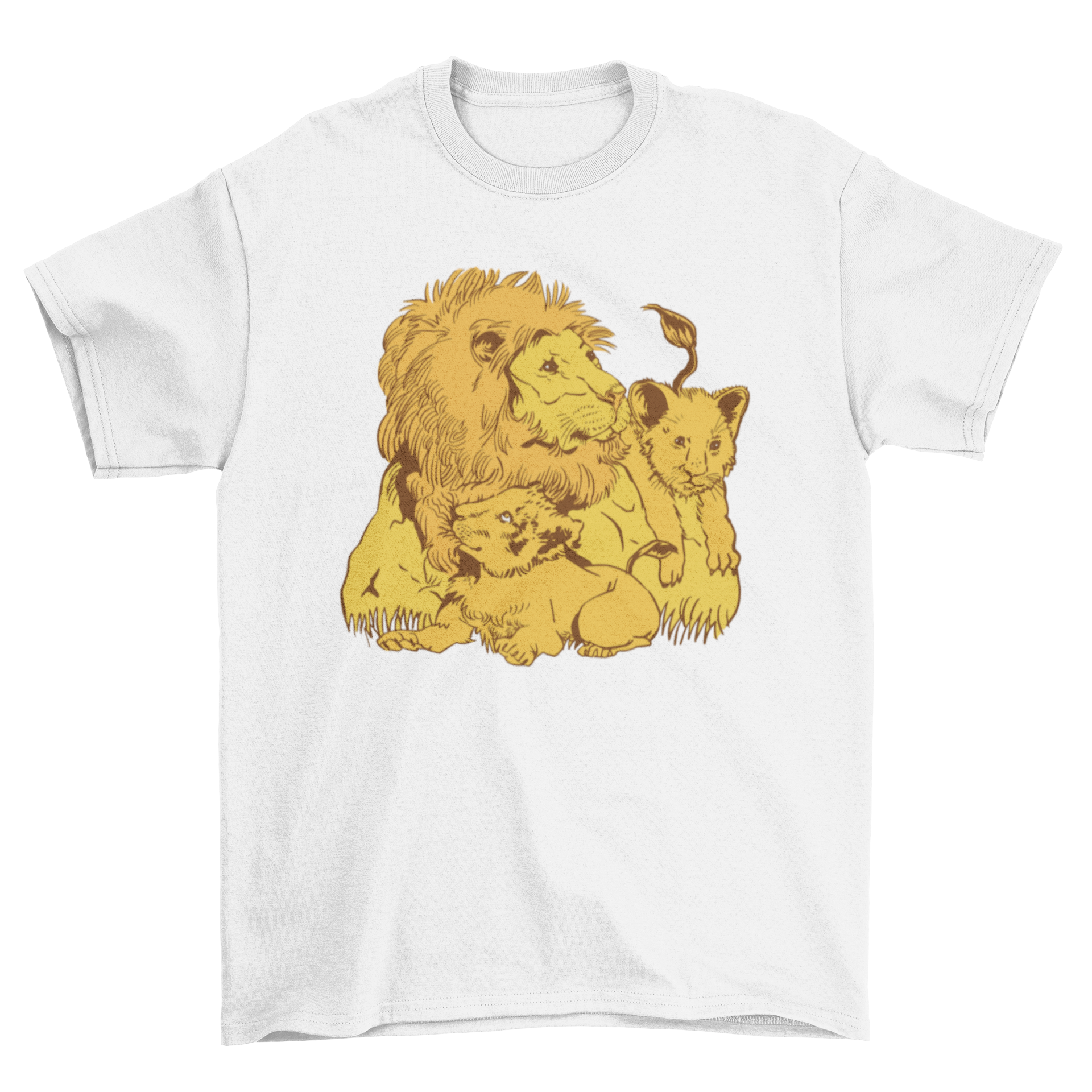 A vibrant t-shirt featuring a lion dad with his playful cubs, showcasing a heartwarming family bond.