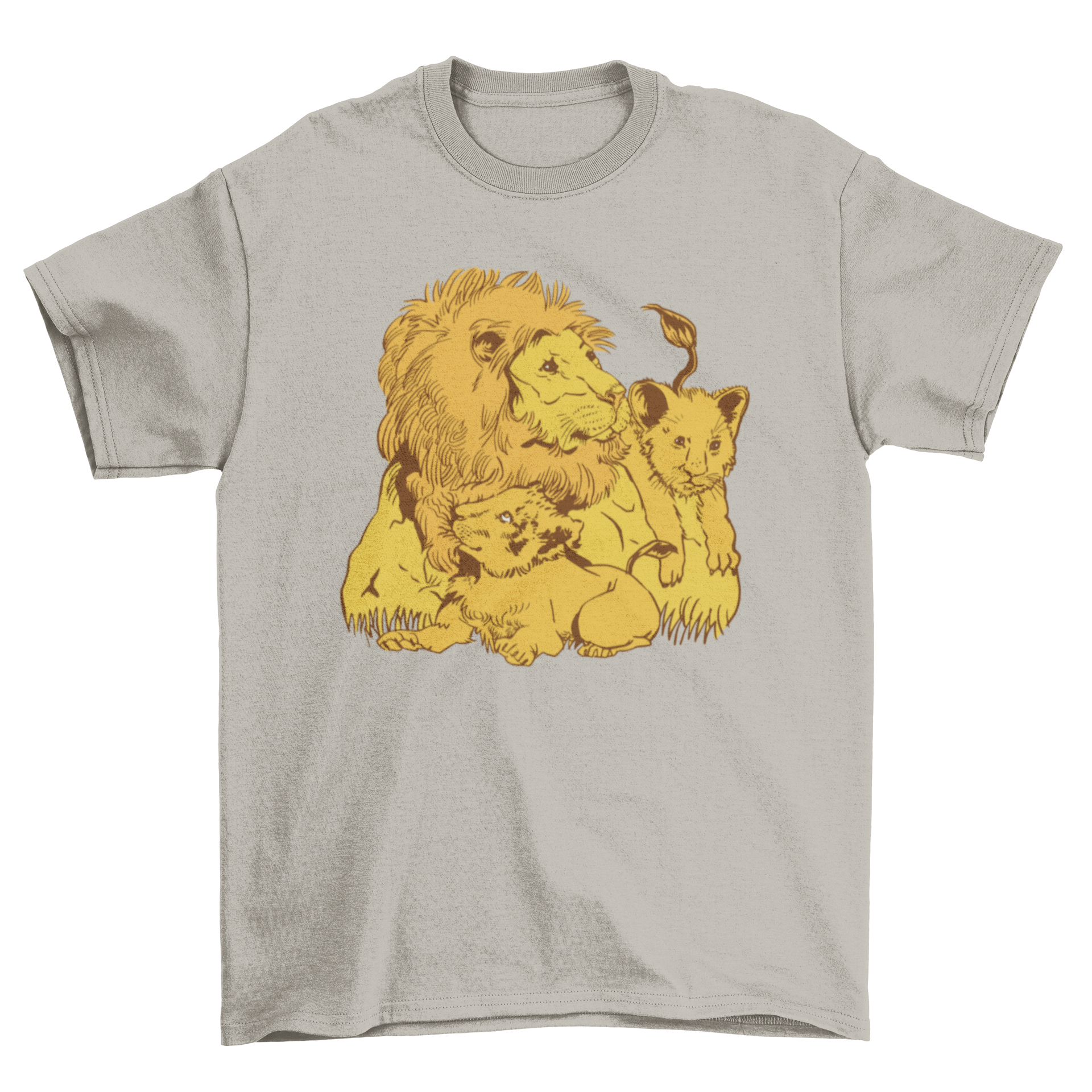 A vibrant t-shirt featuring a lion dad with his playful cubs, showcasing a heartwarming family bond.