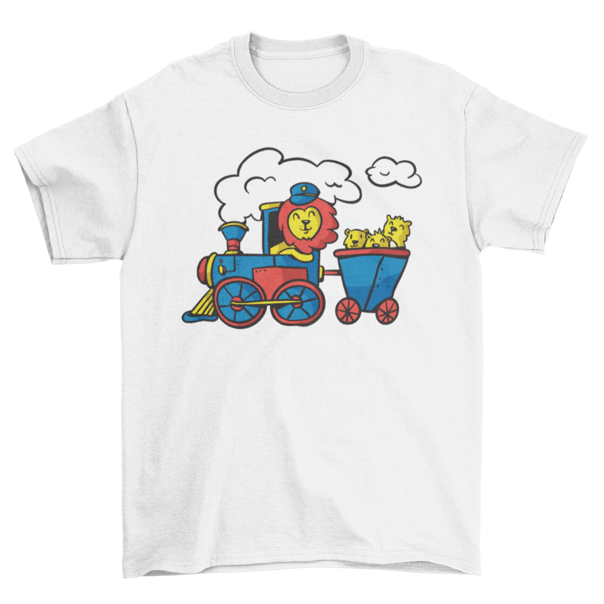 A cute t-shirt featuring a lion driving a colorful train, perfect for animal lovers.