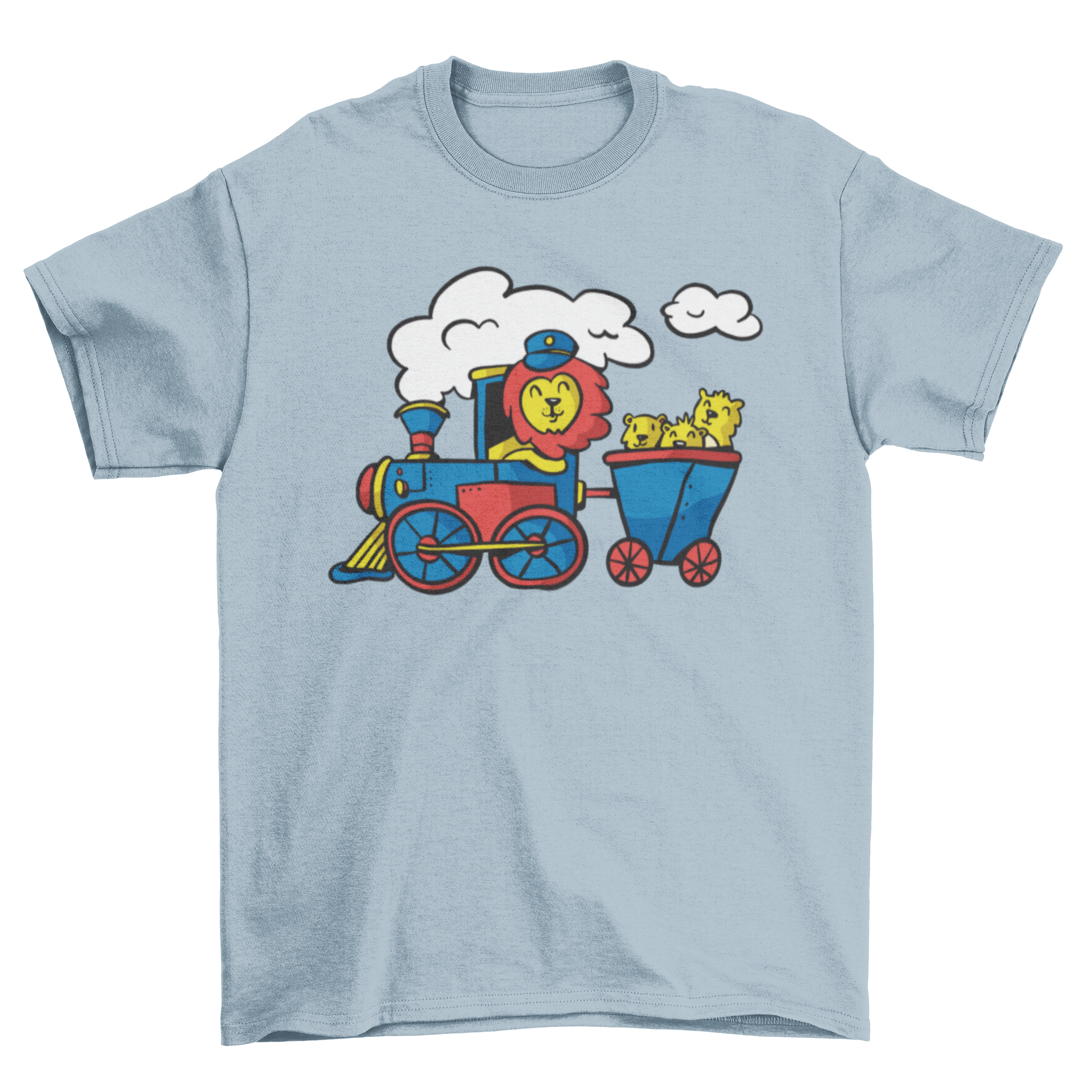 A cute t-shirt featuring a lion driving a colorful train, perfect for animal lovers.