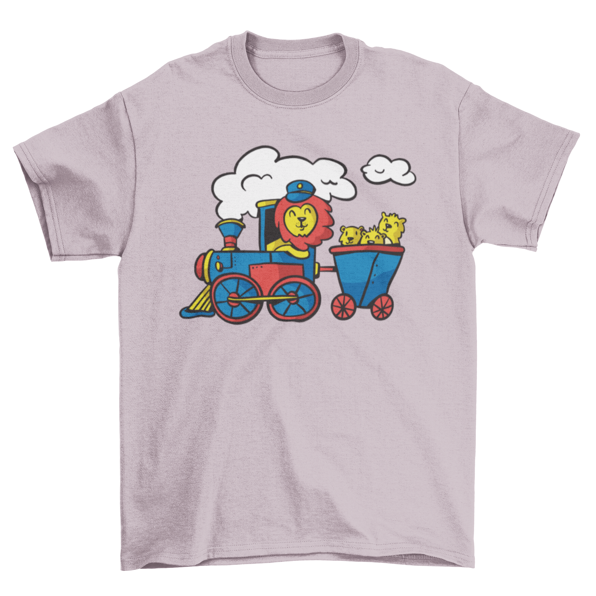 A cute t-shirt featuring a lion driving a colorful train, perfect for animal lovers.