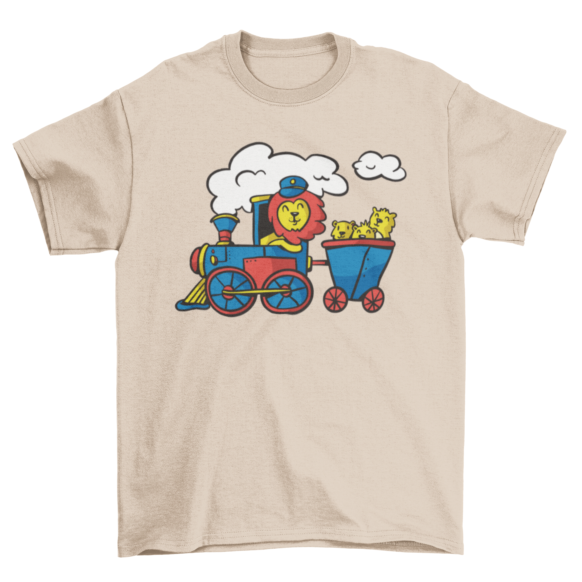 A cute t-shirt featuring a lion driving a colorful train, perfect for animal lovers.