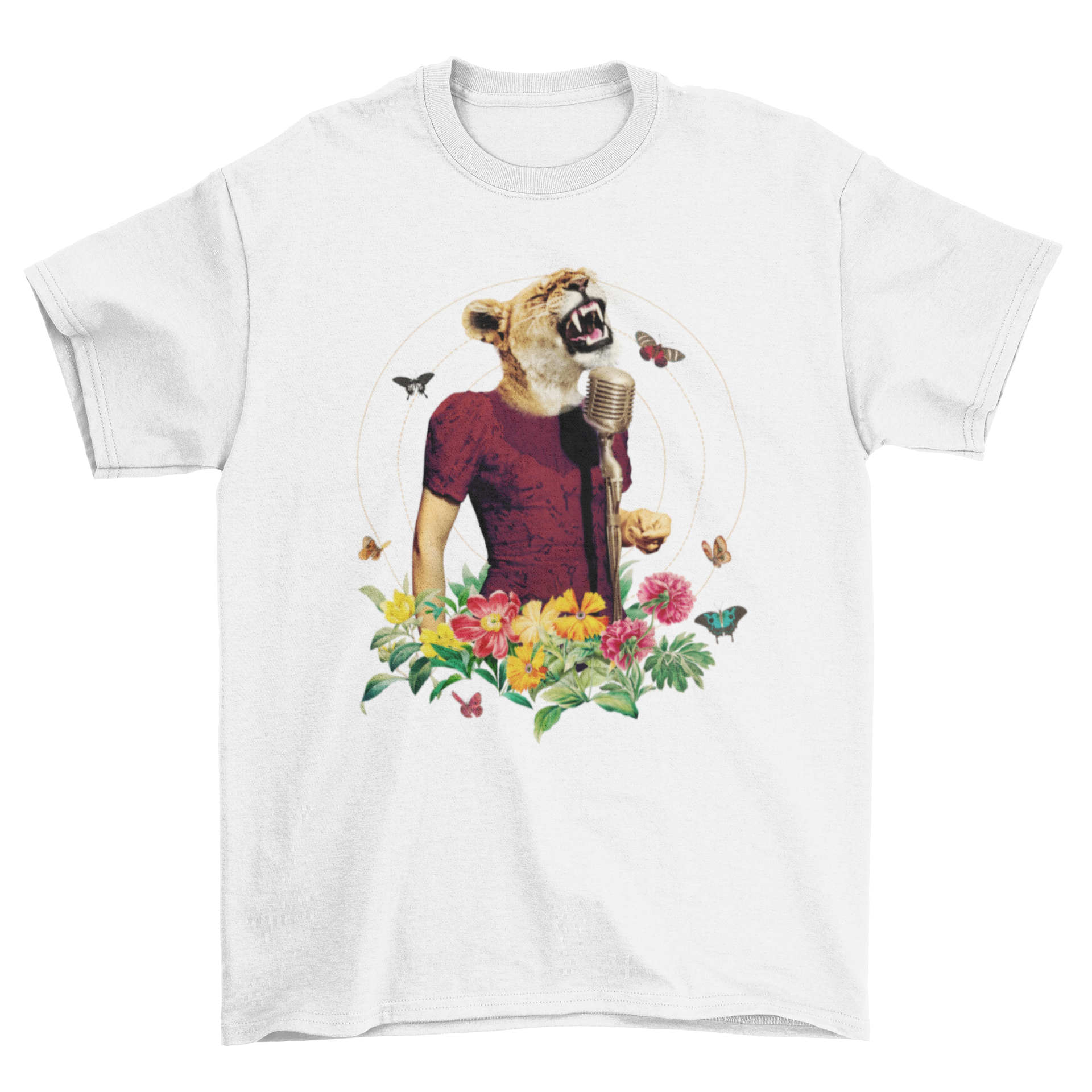 A vibrant t-shirt featuring a lion singing into a microphone, dressed in fancy attire and surrounded by colorful flowers.