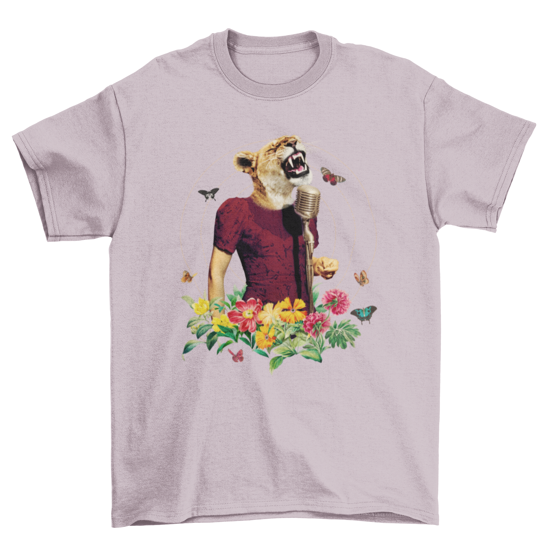 A vibrant t-shirt featuring a lion singing into a microphone, dressed in fancy attire and surrounded by colorful flowers.