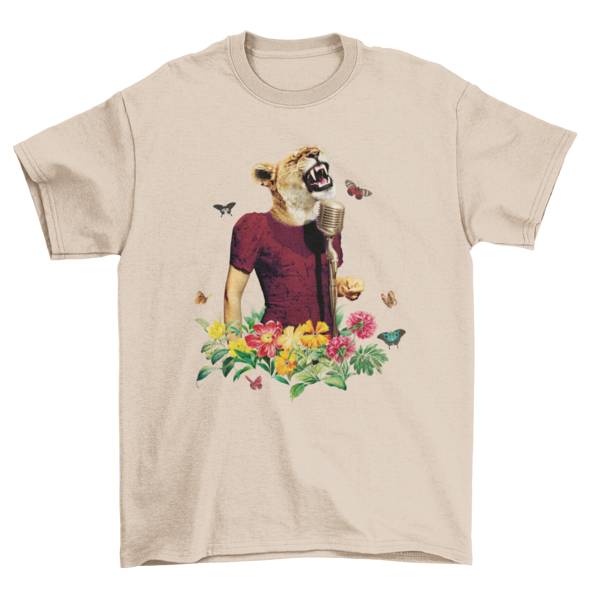 A vibrant t-shirt featuring a lion singing into a microphone, dressed in fancy attire and surrounded by colorful flowers.