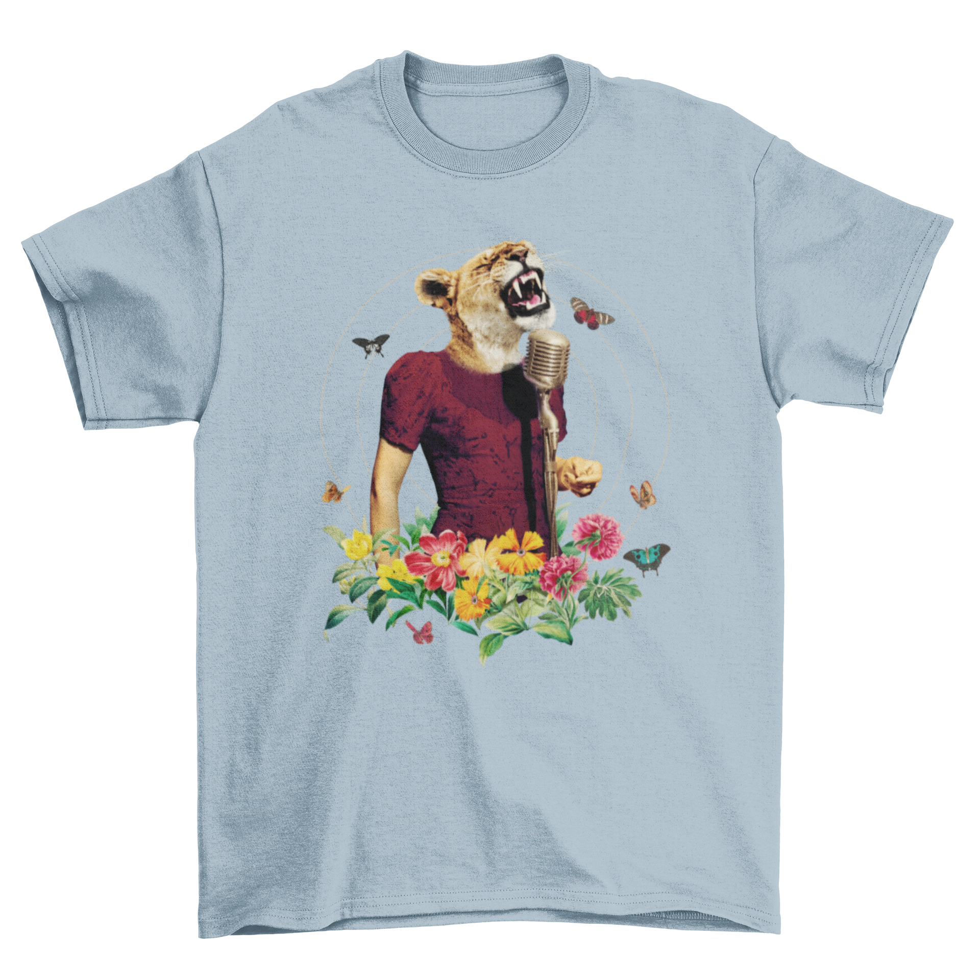 A vibrant t-shirt featuring a lion singing into a microphone, dressed in fancy attire and surrounded by colorful flowers.