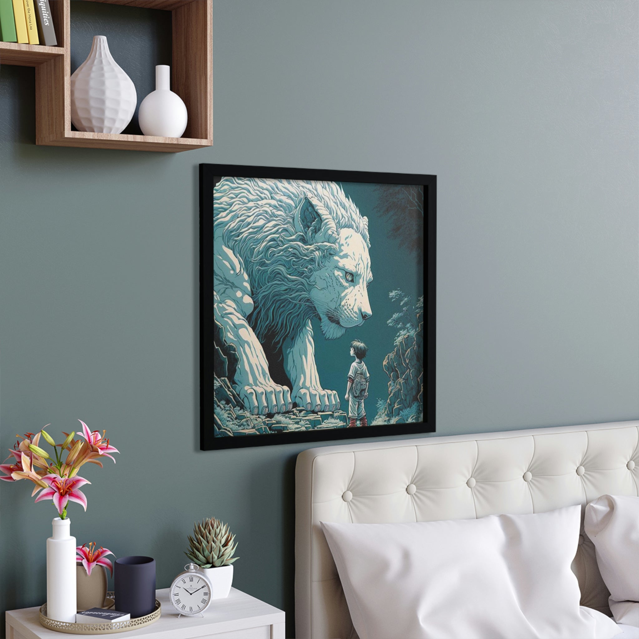 A beautifully framed poster of a lion, showcasing vibrant colors and a hand-crafted wooden frame, perfect for home decor.