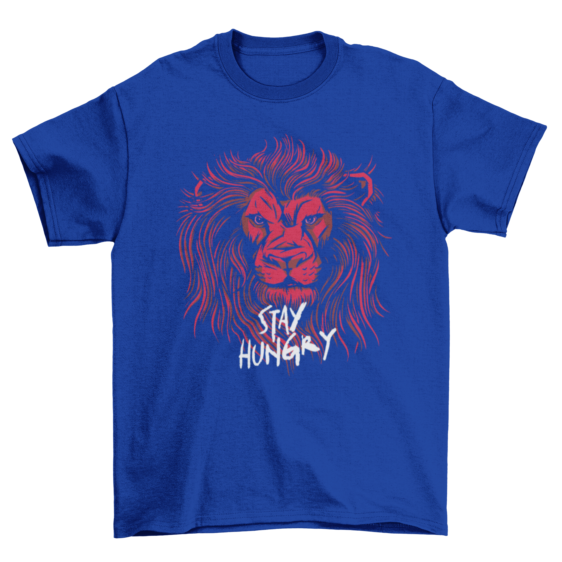 A stylish t-shirt featuring a detailed lion head design with the quote 'Stay hungry' printed below.