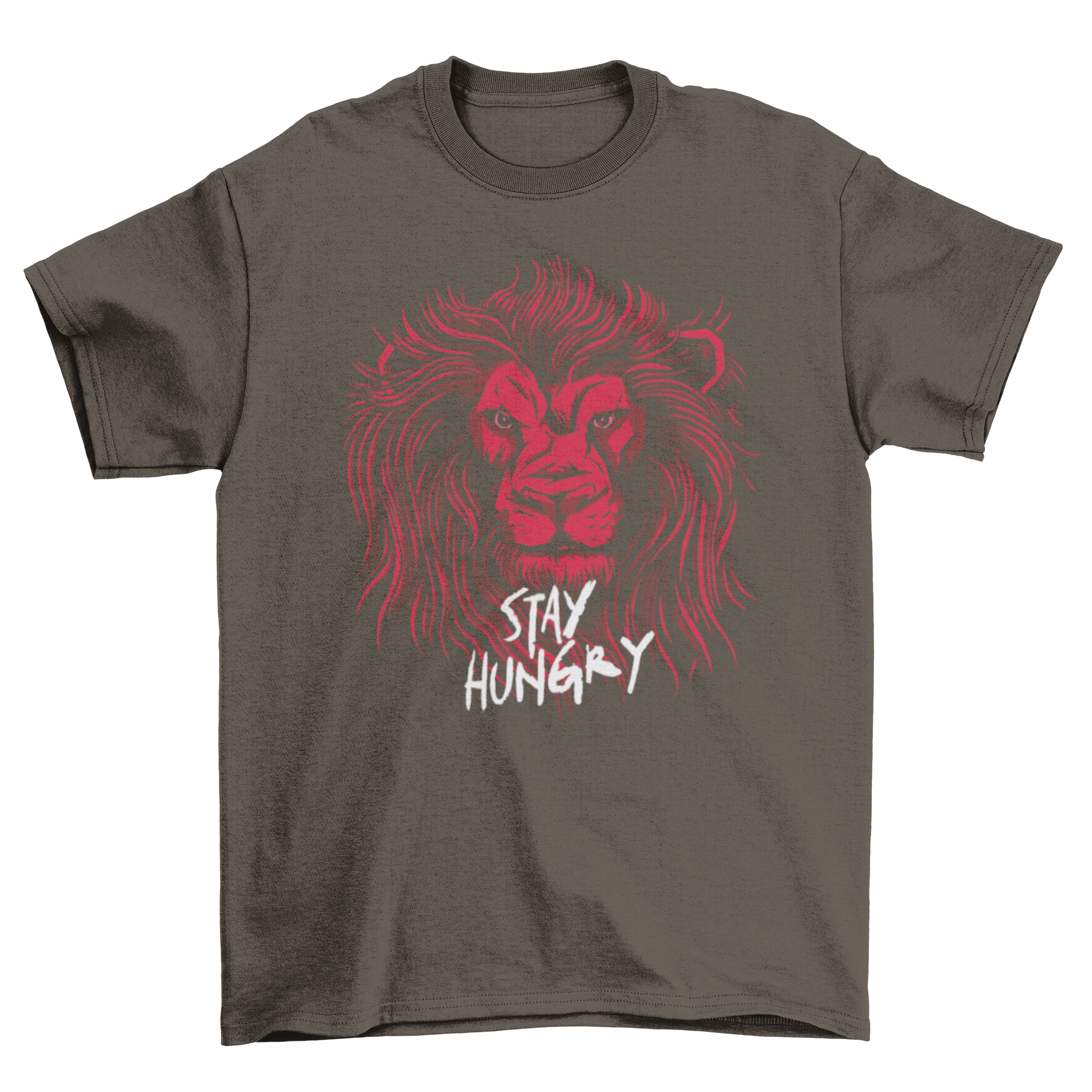 A stylish t-shirt featuring a detailed lion head design with the quote 'Stay hungry' printed below.