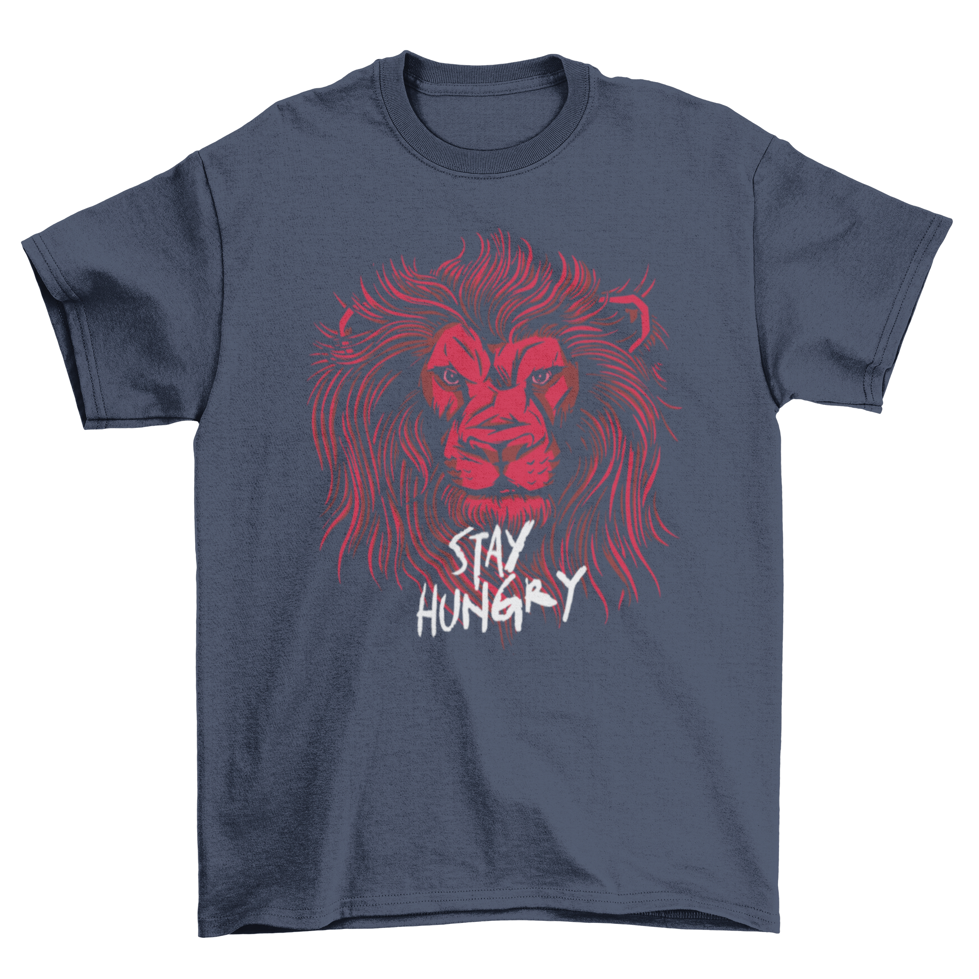 A stylish t-shirt featuring a detailed lion head design with the quote 'Stay hungry' printed below.