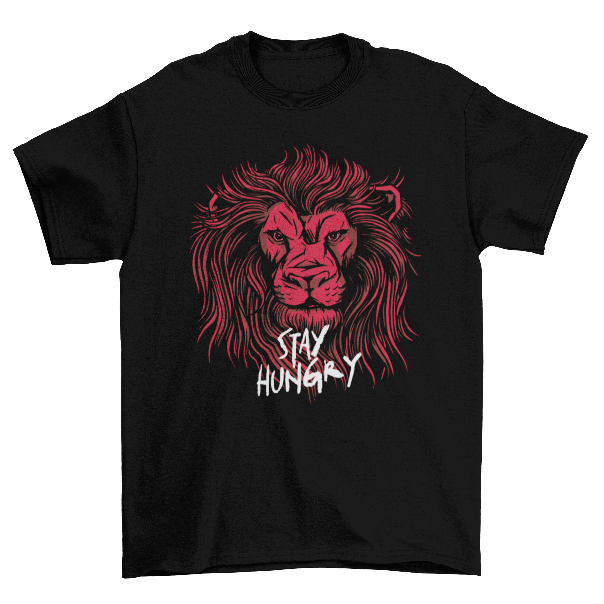 A stylish t-shirt featuring a detailed lion head design with the quote 'Stay hungry' printed below.