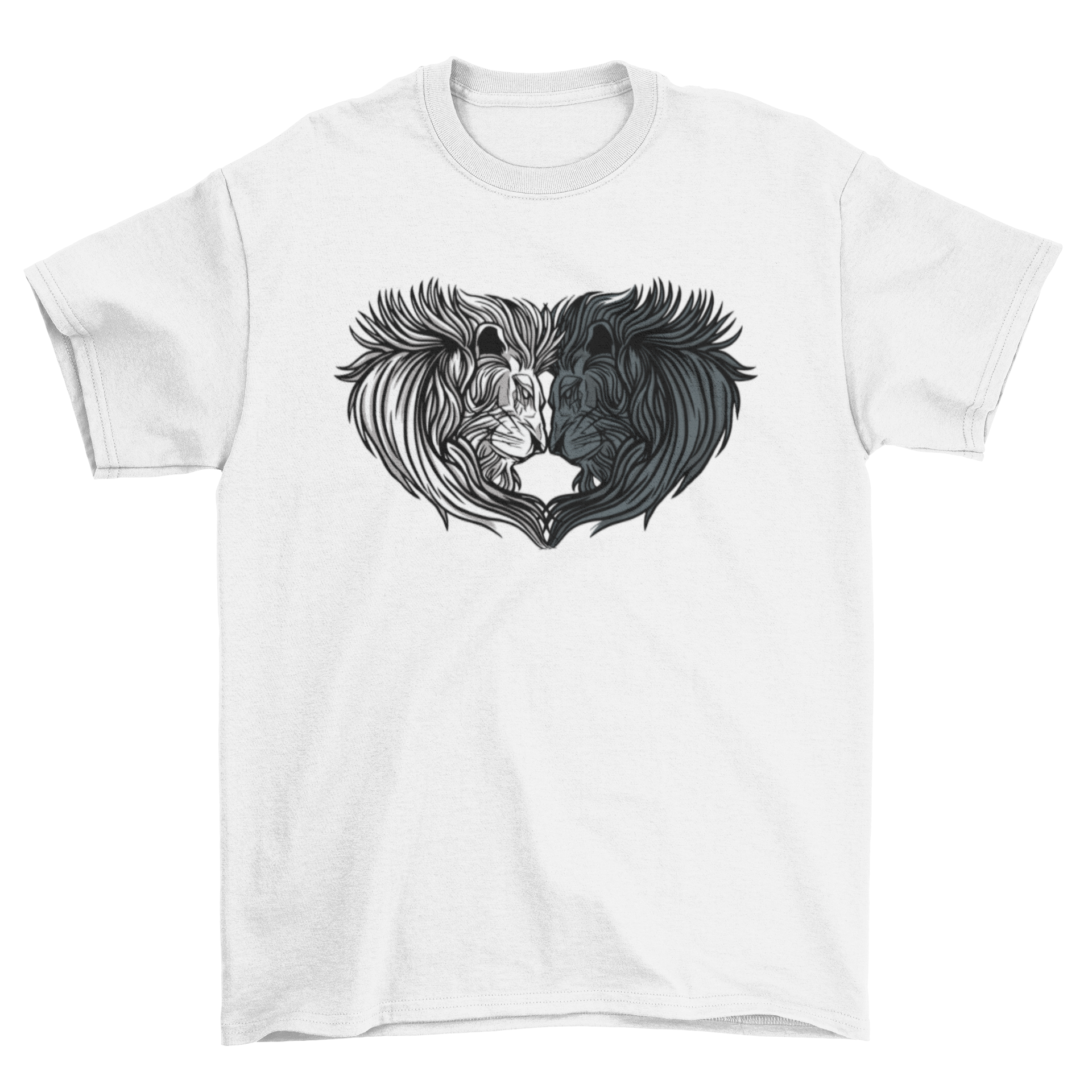 A stylish t-shirt featuring a unique design of two lion heads forming a heart shape, symbolizing love and strength.