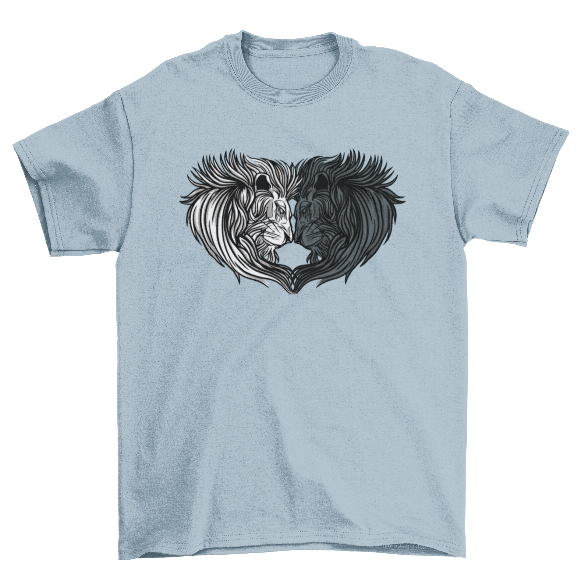 A stylish t-shirt featuring a unique design of two lion heads forming a heart shape, symbolizing love and strength.