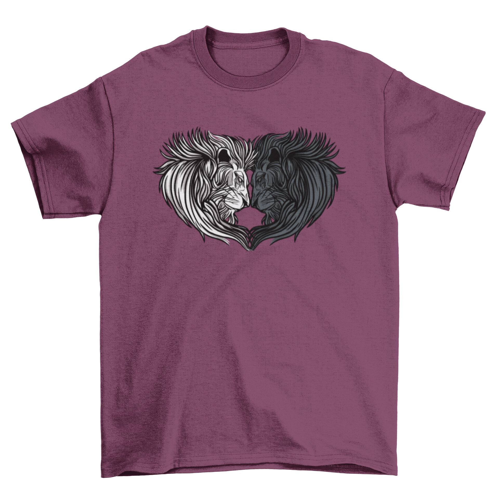 A stylish t-shirt featuring a unique design of two lion heads forming a heart shape, symbolizing love and strength.