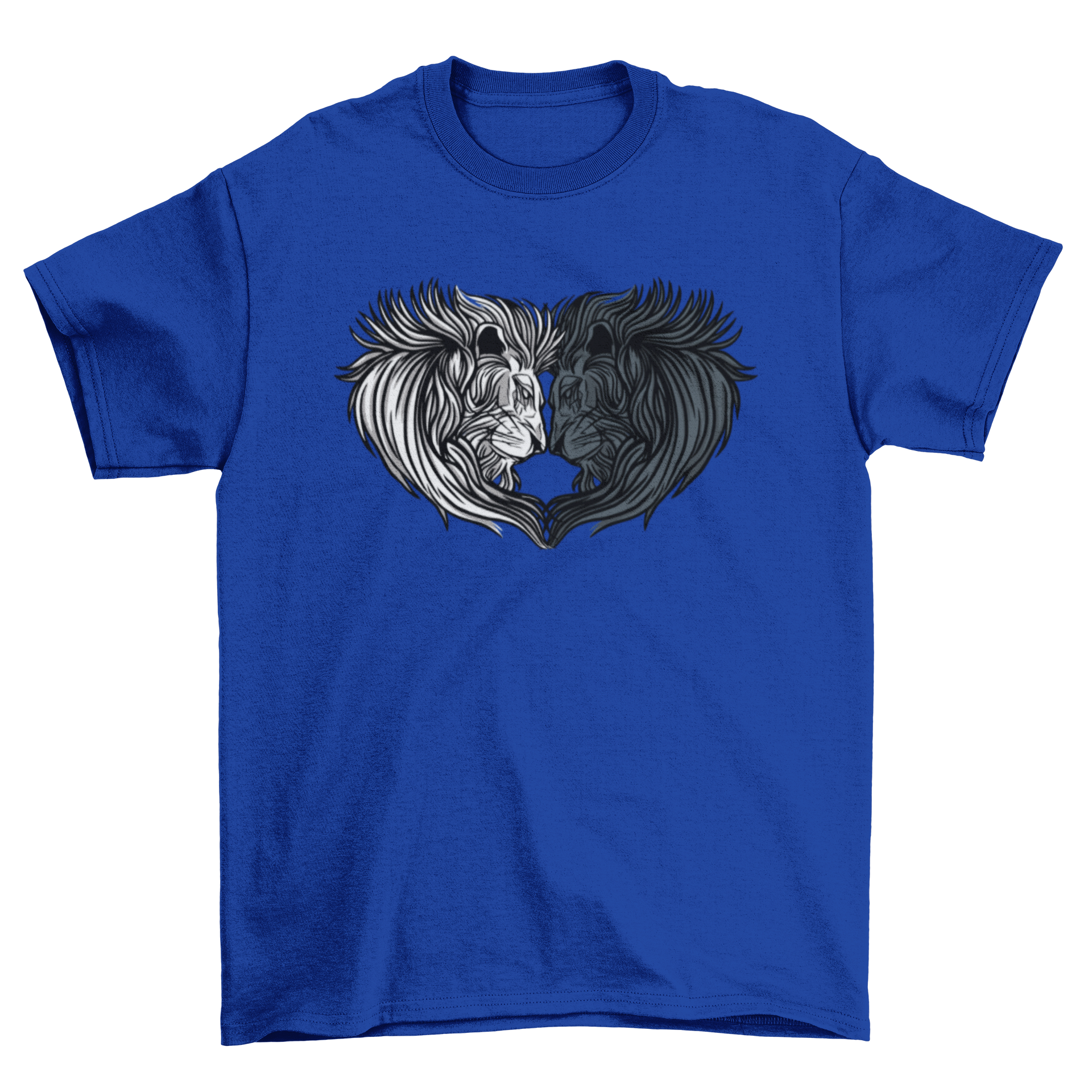 A stylish t-shirt featuring a unique design of two lion heads forming a heart shape, symbolizing love and strength.