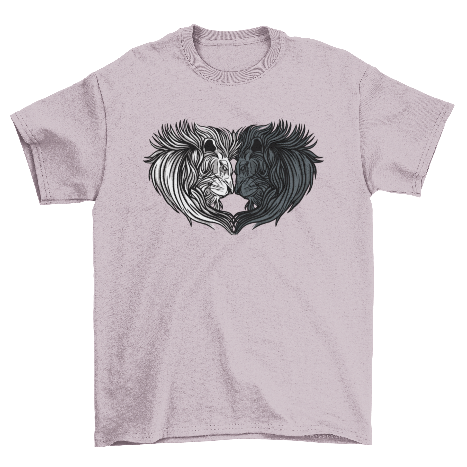 A stylish t-shirt featuring a unique design of two lion heads forming a heart shape, symbolizing love and strength.