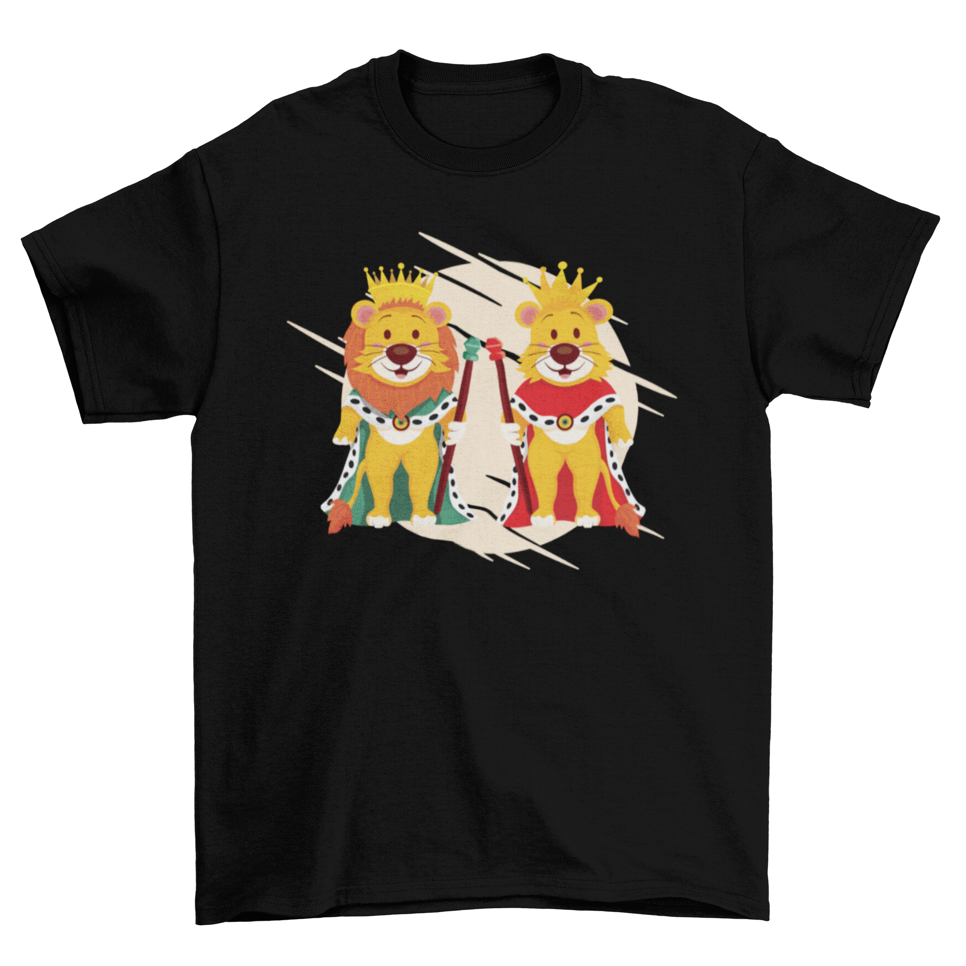 Children's t-shirt featuring cartoon lions as king and queen with crowns and royal attire.