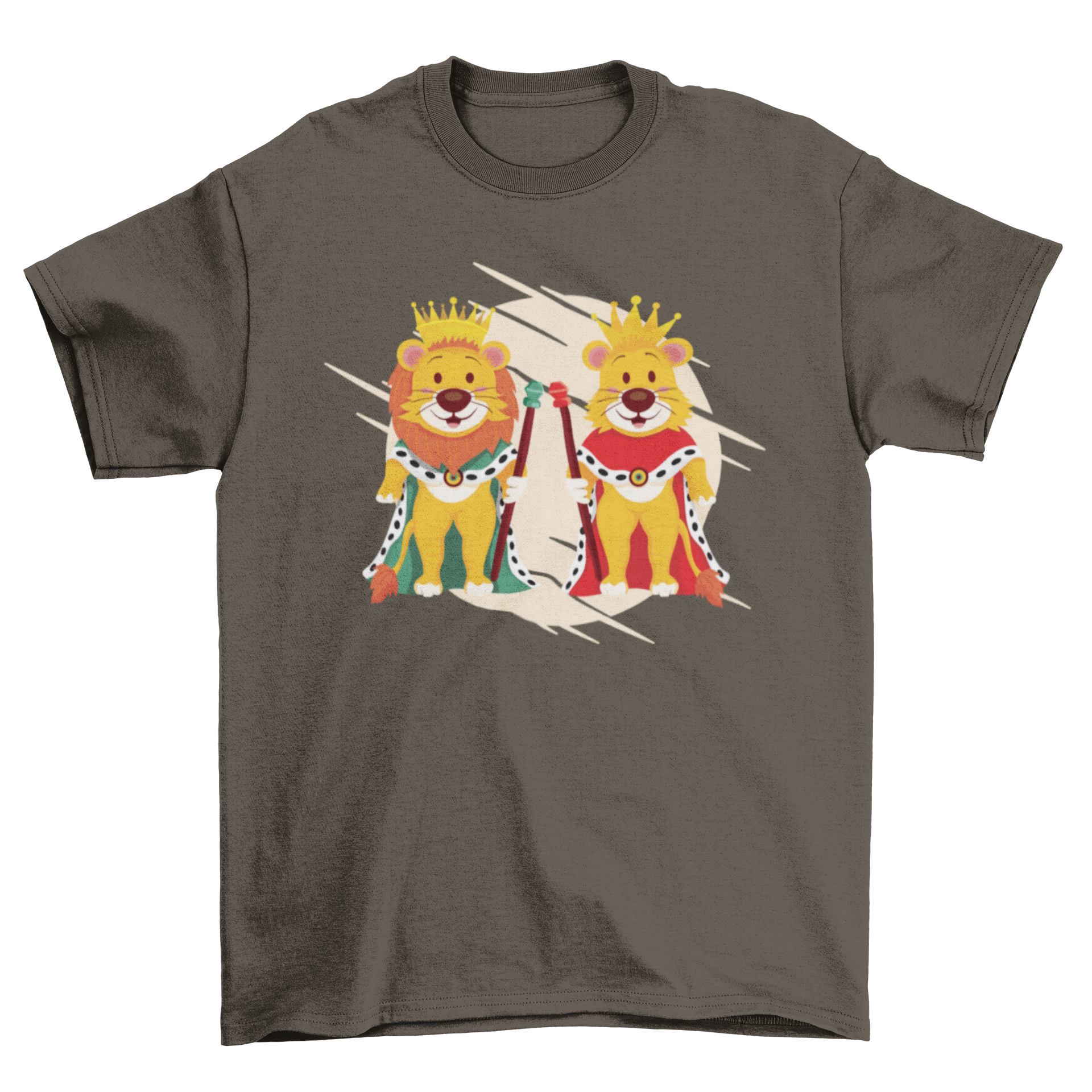 Children's t-shirt featuring cartoon lions as king and queen with crowns and royal attire.