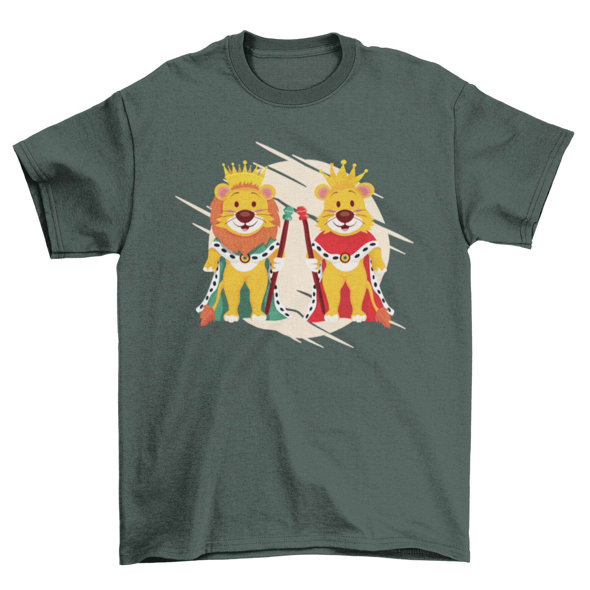 Children's t-shirt featuring cartoon lions as king and queen with crowns and royal attire.