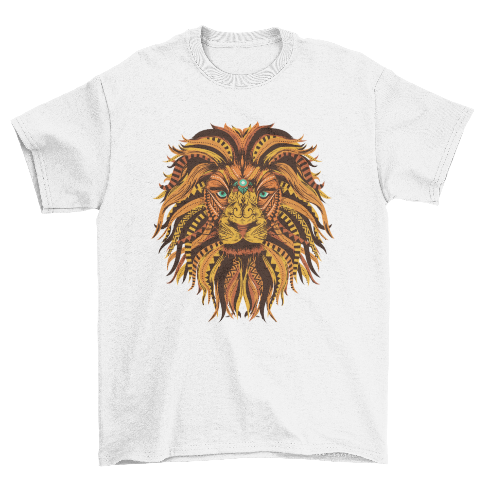 Lion Mandala Illustration Tribal T-shirt featuring intricate mandala patterns in yellow and orange tones.