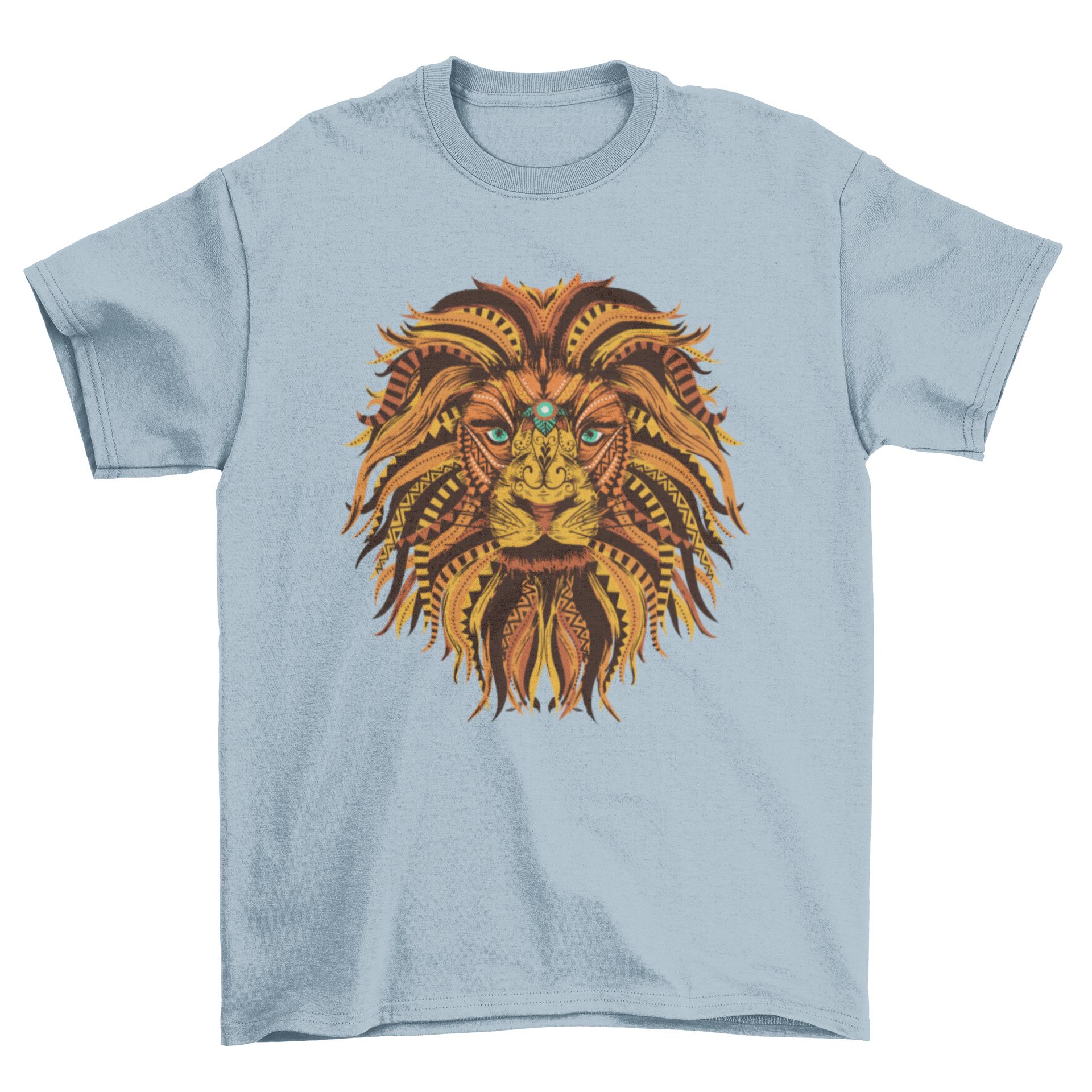 Lion Mandala Illustration Tribal T-shirt featuring intricate mandala patterns in yellow and orange tones.