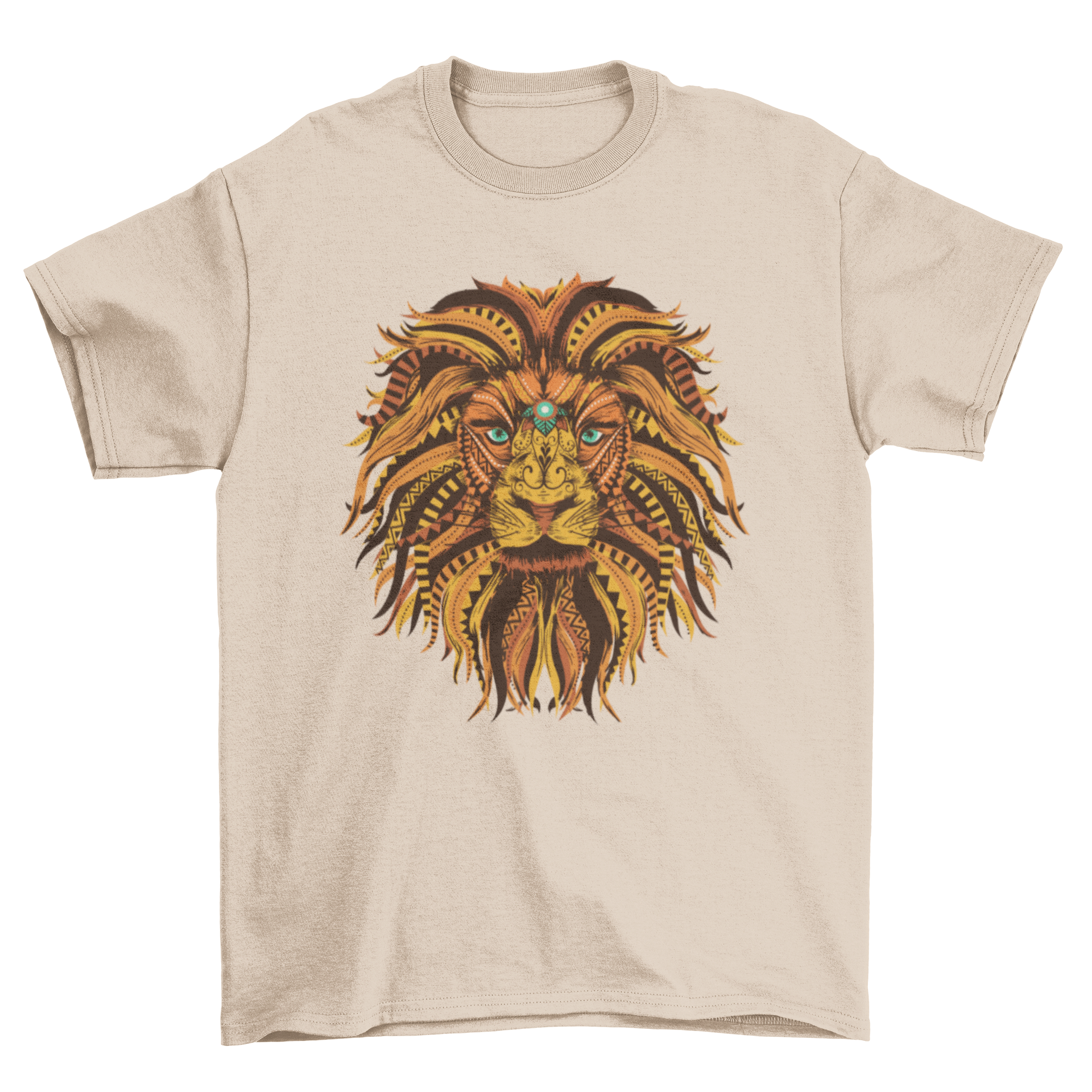 Lion Mandala Illustration Tribal T-shirt featuring intricate mandala patterns in yellow and orange tones.