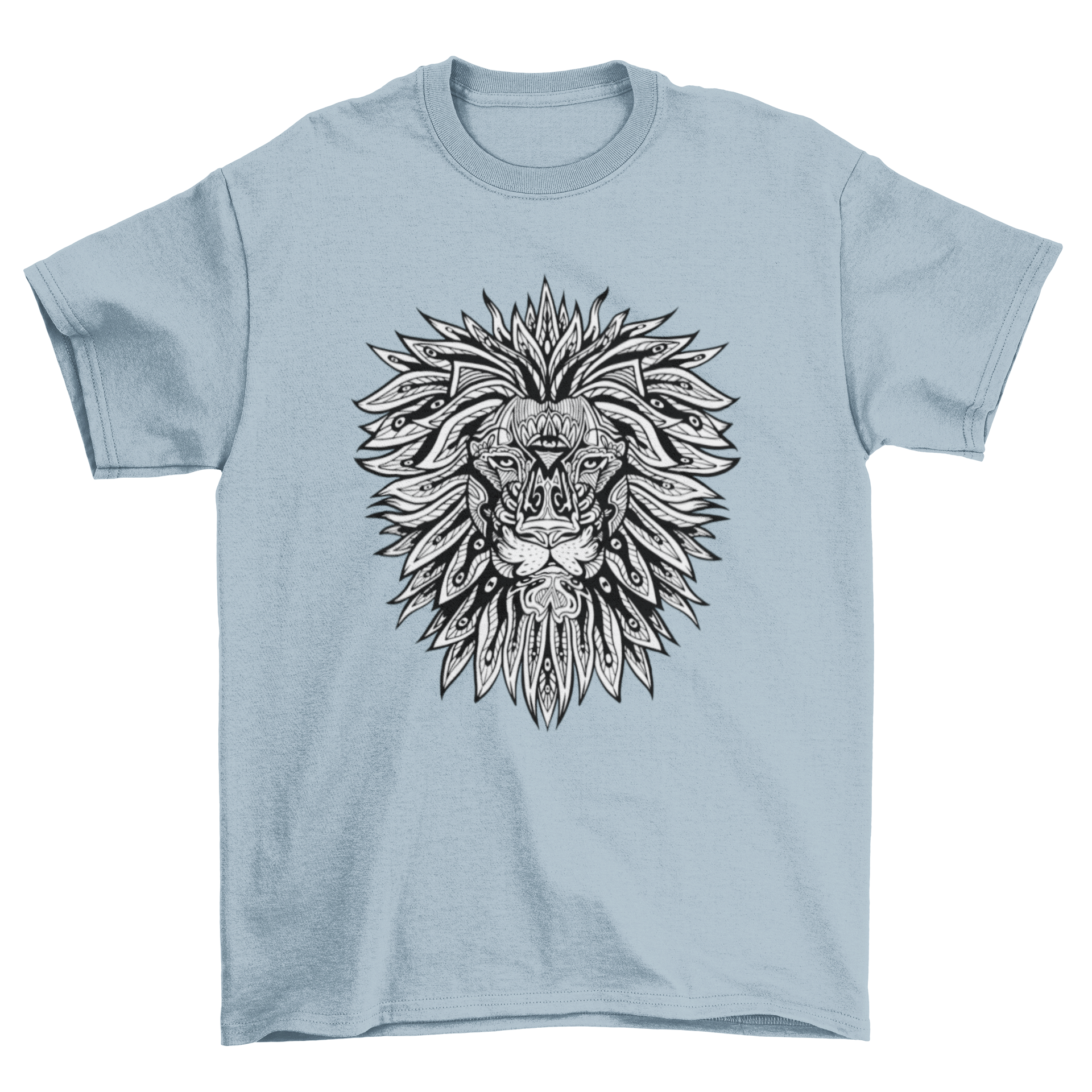 A stylish t-shirt featuring a lion designed in intricate mandala patterns, showcasing vibrant colors and artistic flair.