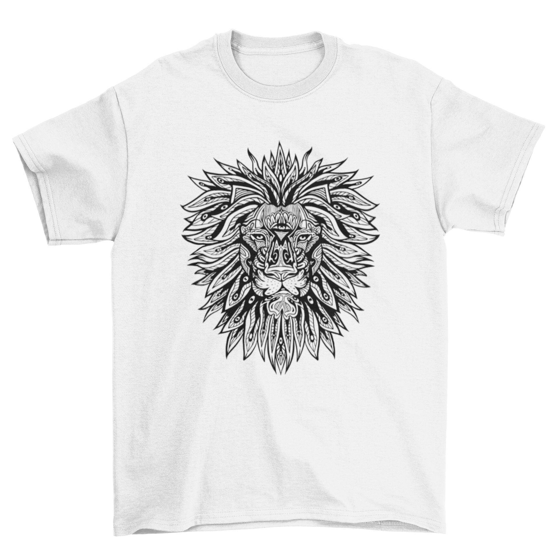 A stylish t-shirt featuring a lion designed in intricate mandala patterns, showcasing vibrant colors and artistic flair.