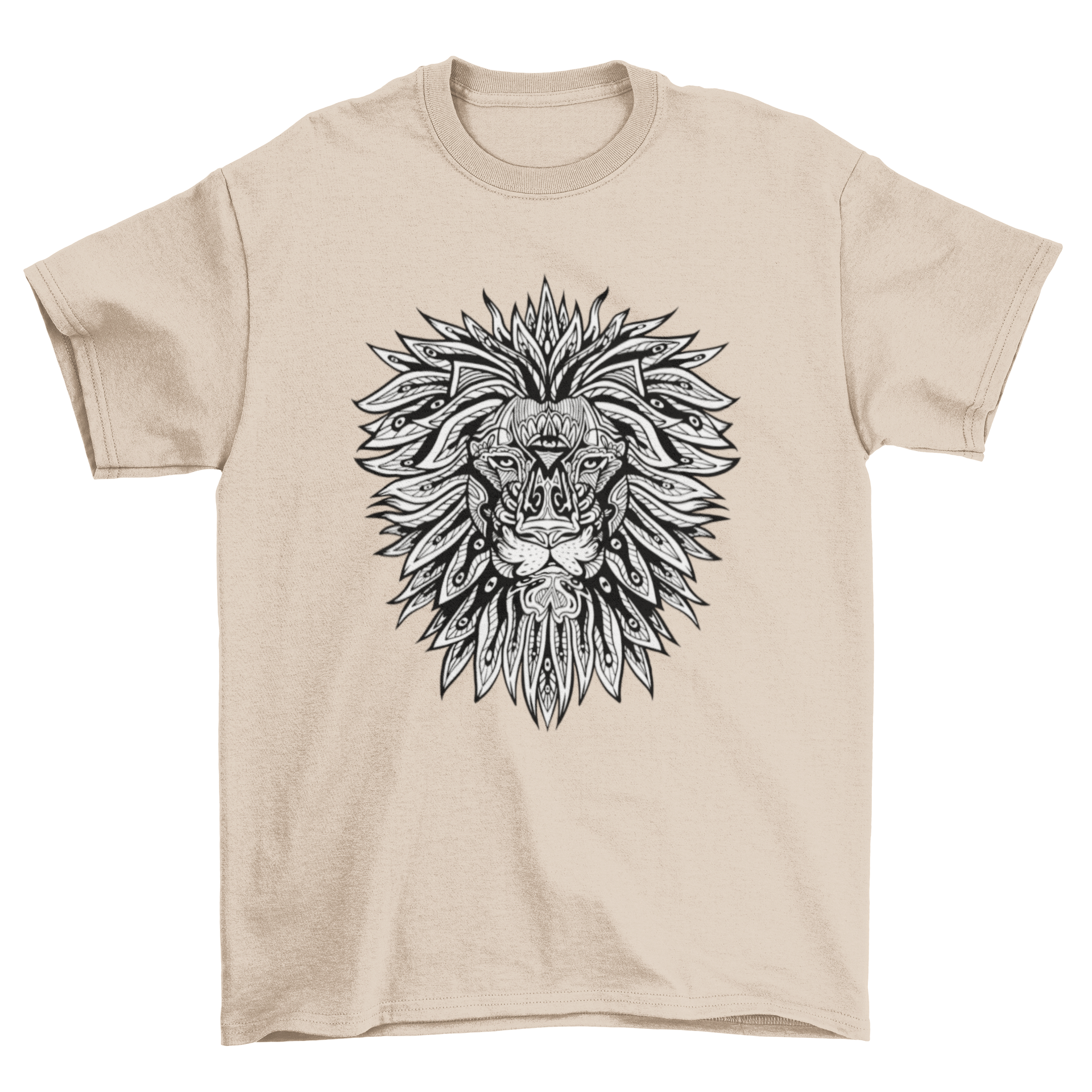 A stylish t-shirt featuring a lion designed in intricate mandala patterns, showcasing vibrant colors and artistic flair.