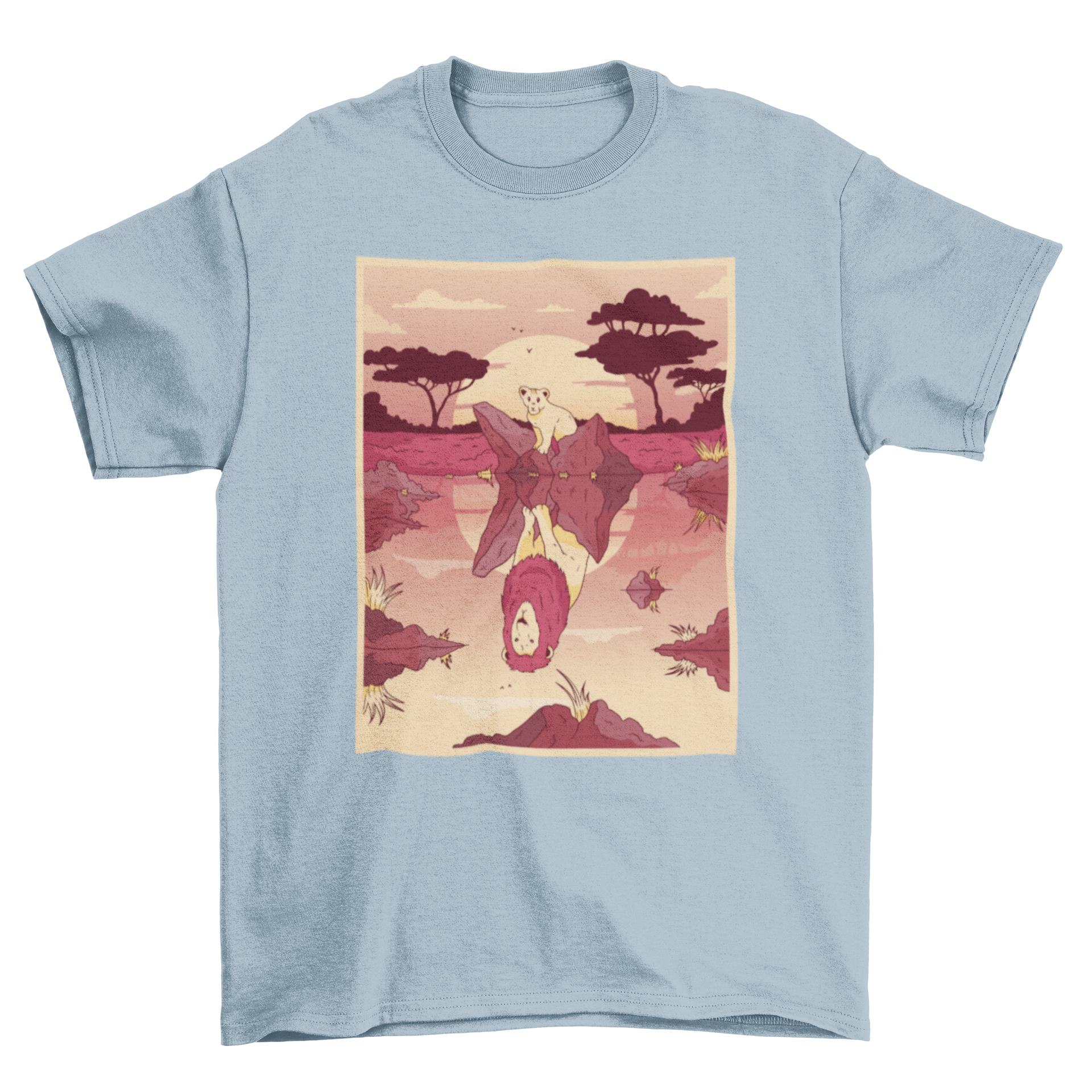 Lion Pool Reflection T-shirt featuring a lion cub looking at its reflection of an adult male lion, showcasing a unique and inspiring design.