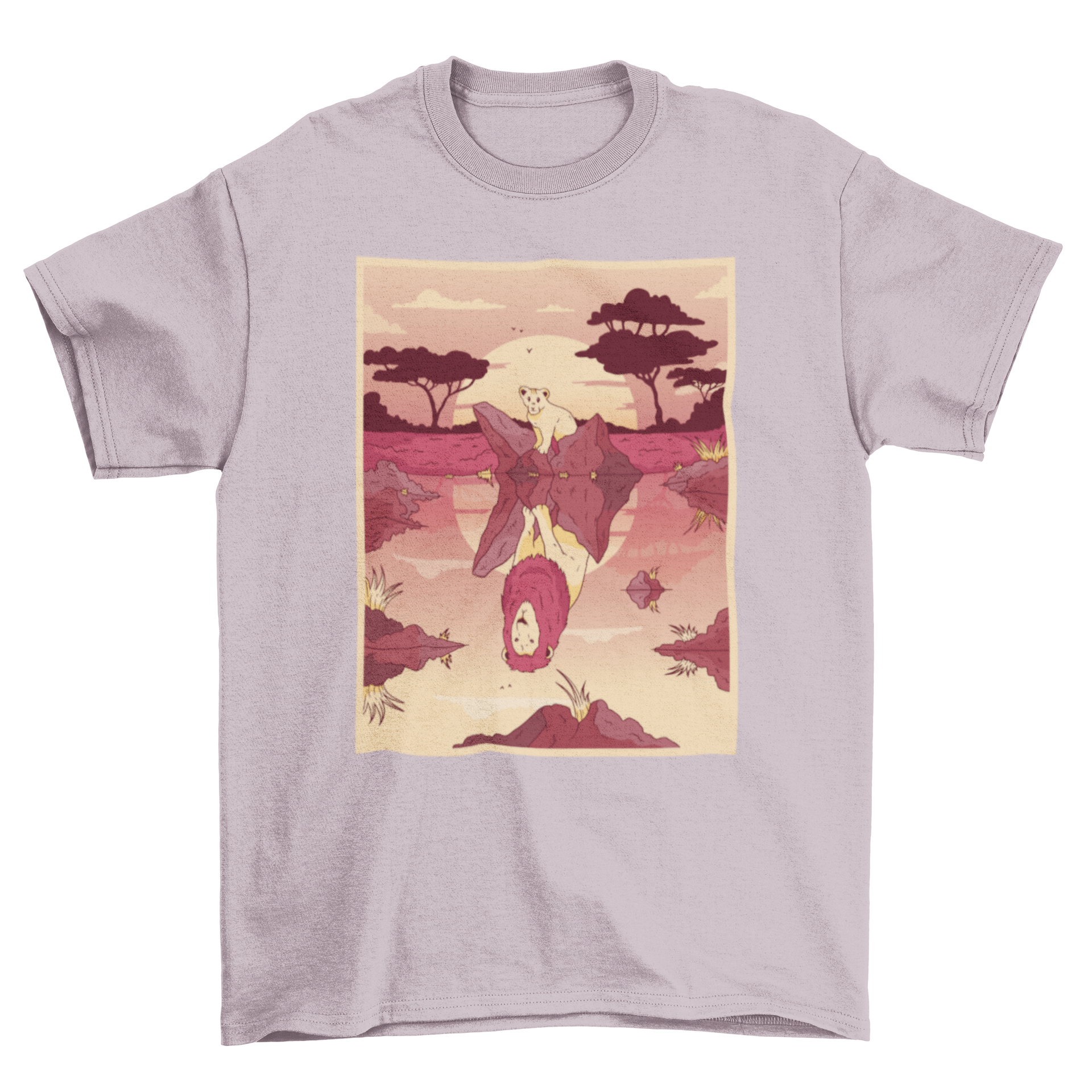 Lion Pool Reflection T-shirt featuring a lion cub looking at its reflection of an adult male lion, showcasing a unique and inspiring design.