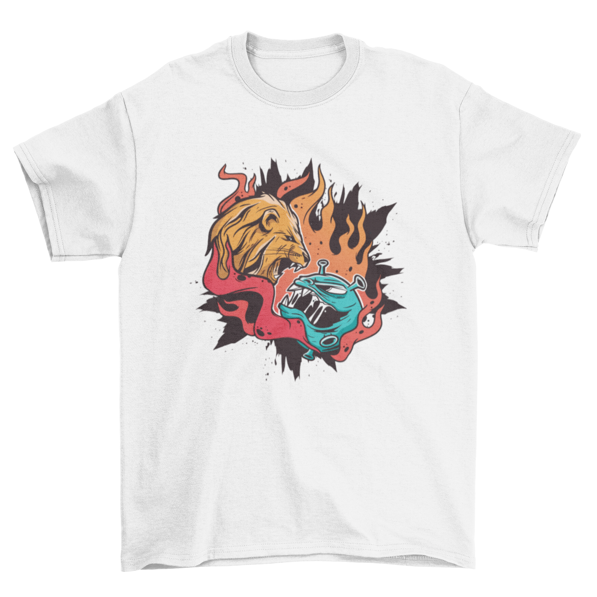 A striking t-shirt featuring a lion confronting a representation of Covid-19, symbolizing strength and resilience.