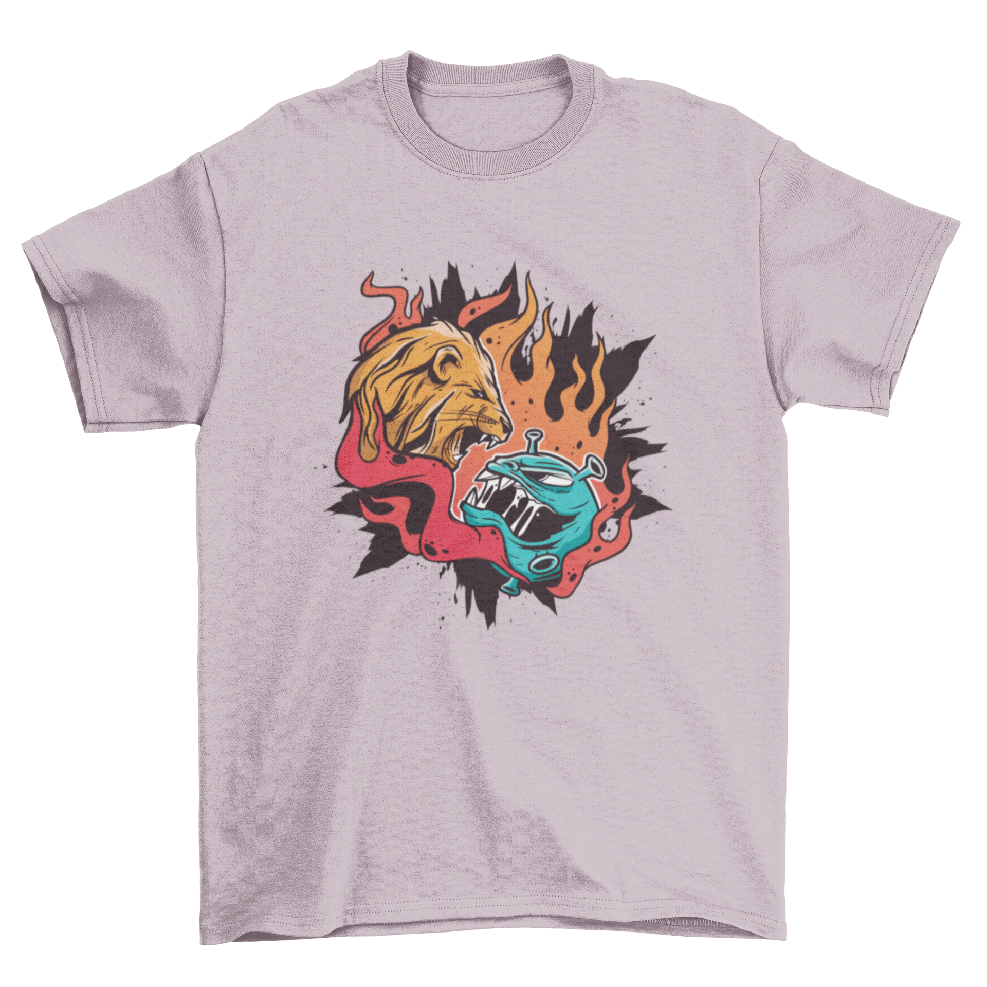 A striking t-shirt featuring a lion confronting a representation of Covid-19, symbolizing strength and resilience.