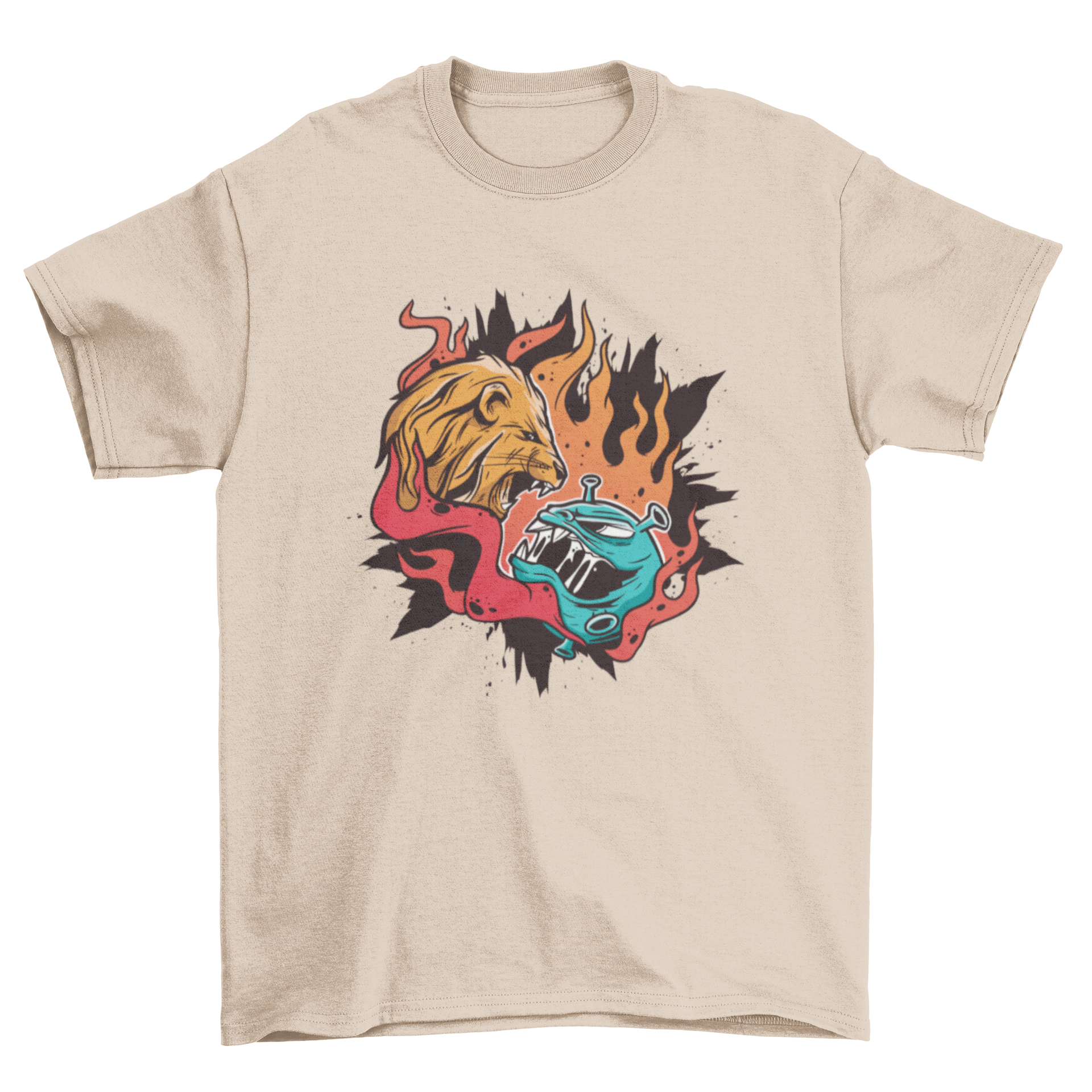 A striking t-shirt featuring a lion confronting a representation of Covid-19, symbolizing strength and resilience.