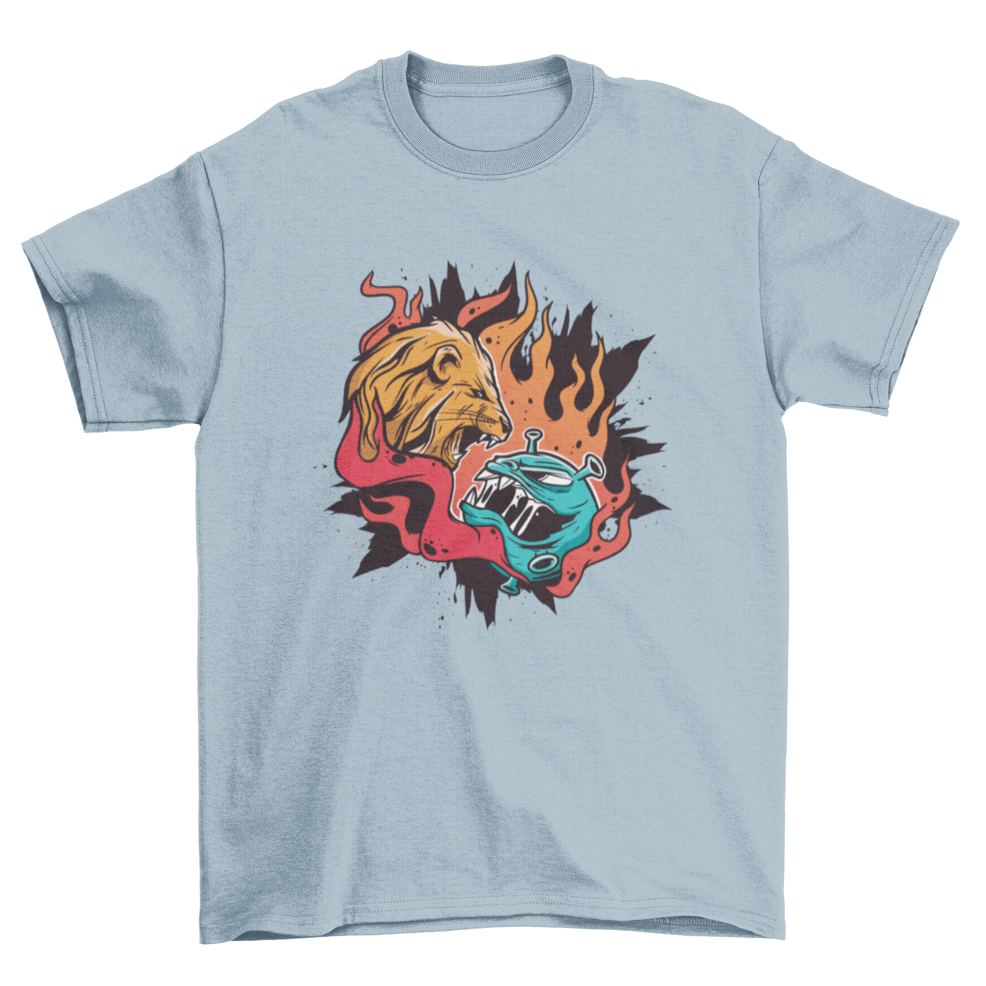 A striking t-shirt featuring a lion confronting a representation of Covid-19, symbolizing strength and resilience.