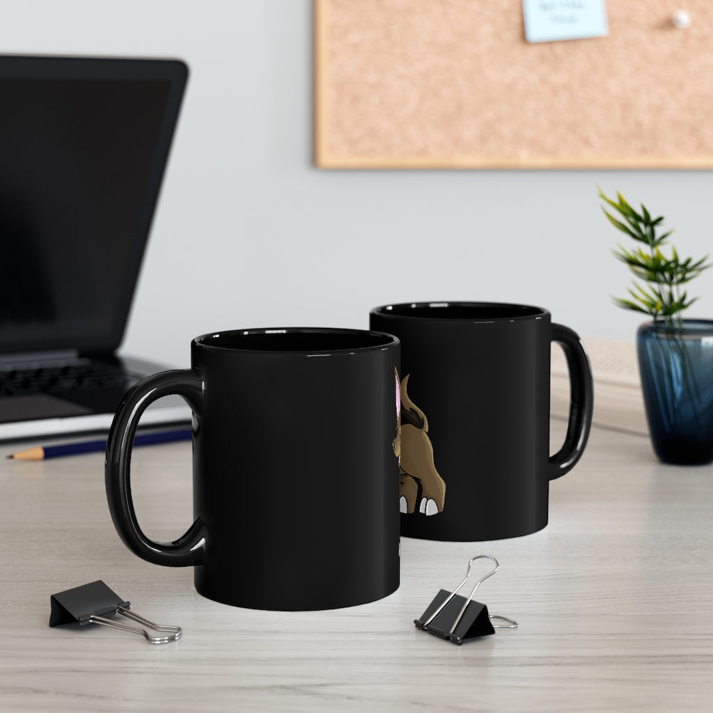 A sleek black ceramic mug with a C-handle, featuring a full-wrap design for personalization, ideal for coffee or tea.