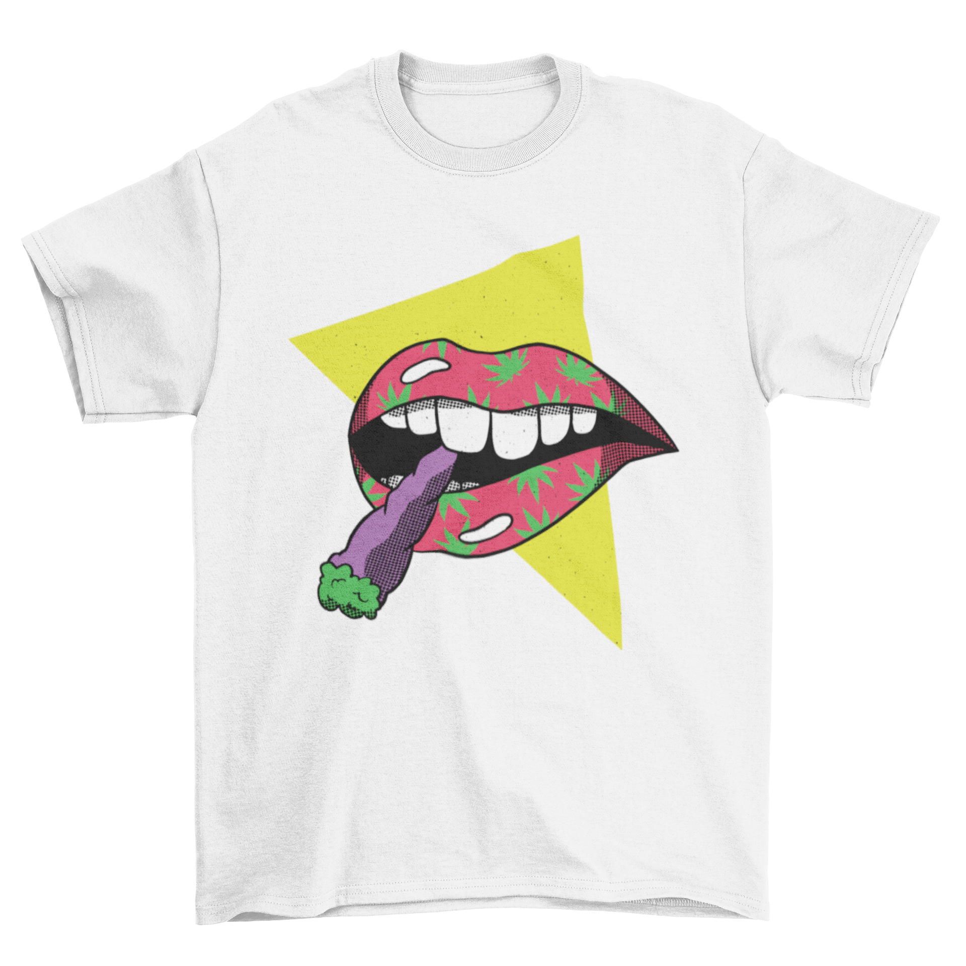 Lips Joint T-Shirt featuring a mouth illustration with cannabis leaves smoking a joint, stylish and vibrant design.