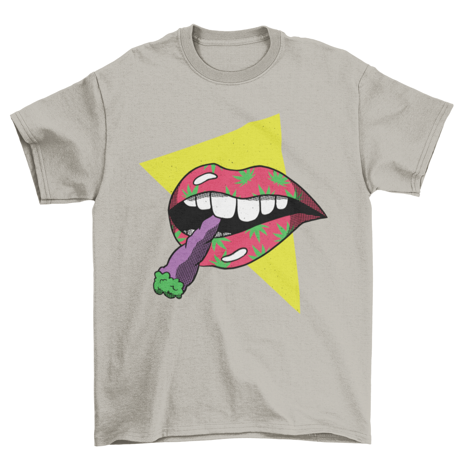 Lips Joint T-Shirt featuring a mouth illustration with cannabis leaves smoking a joint, stylish and vibrant design.