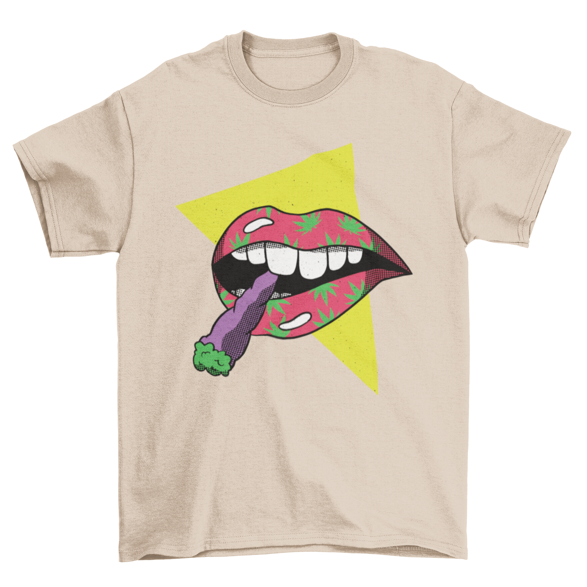 Lips Joint T-Shirt featuring a mouth illustration with cannabis leaves smoking a joint, stylish and vibrant design.