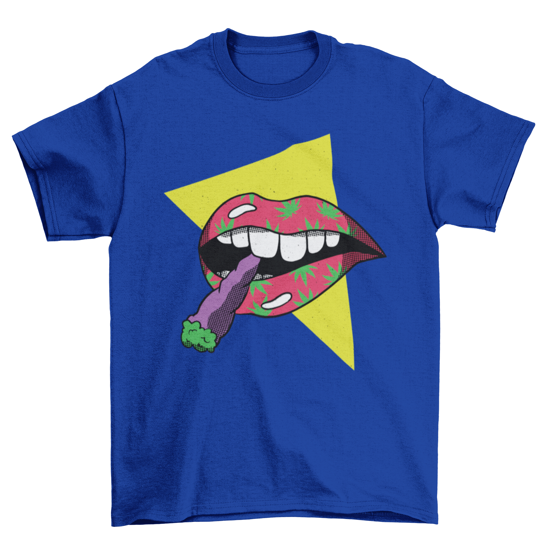 Lips Joint T-Shirt featuring a mouth illustration with cannabis leaves smoking a joint, stylish and vibrant design.