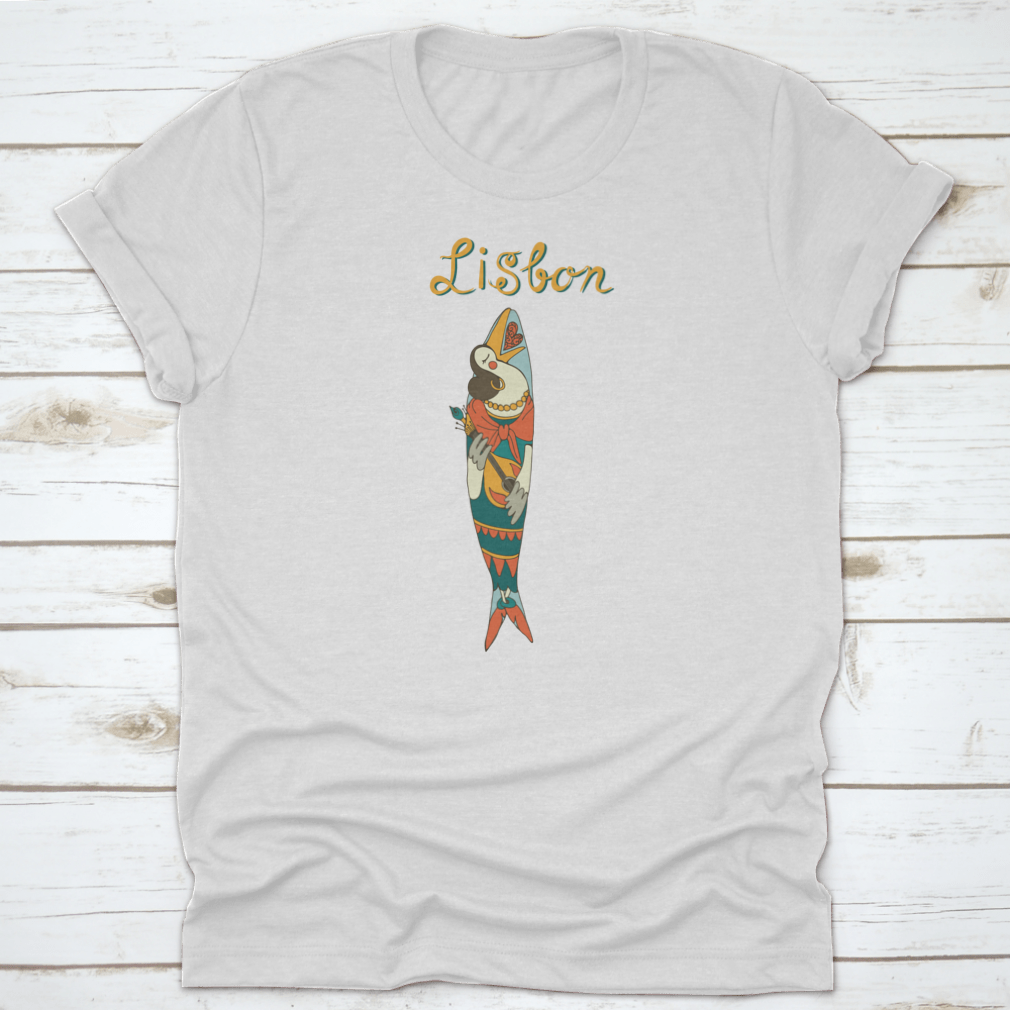 A stylish T-shirt featuring a vibrant illustration of sardines, celebrating the Lisbon Sardine Festival, made from 100% cotton.