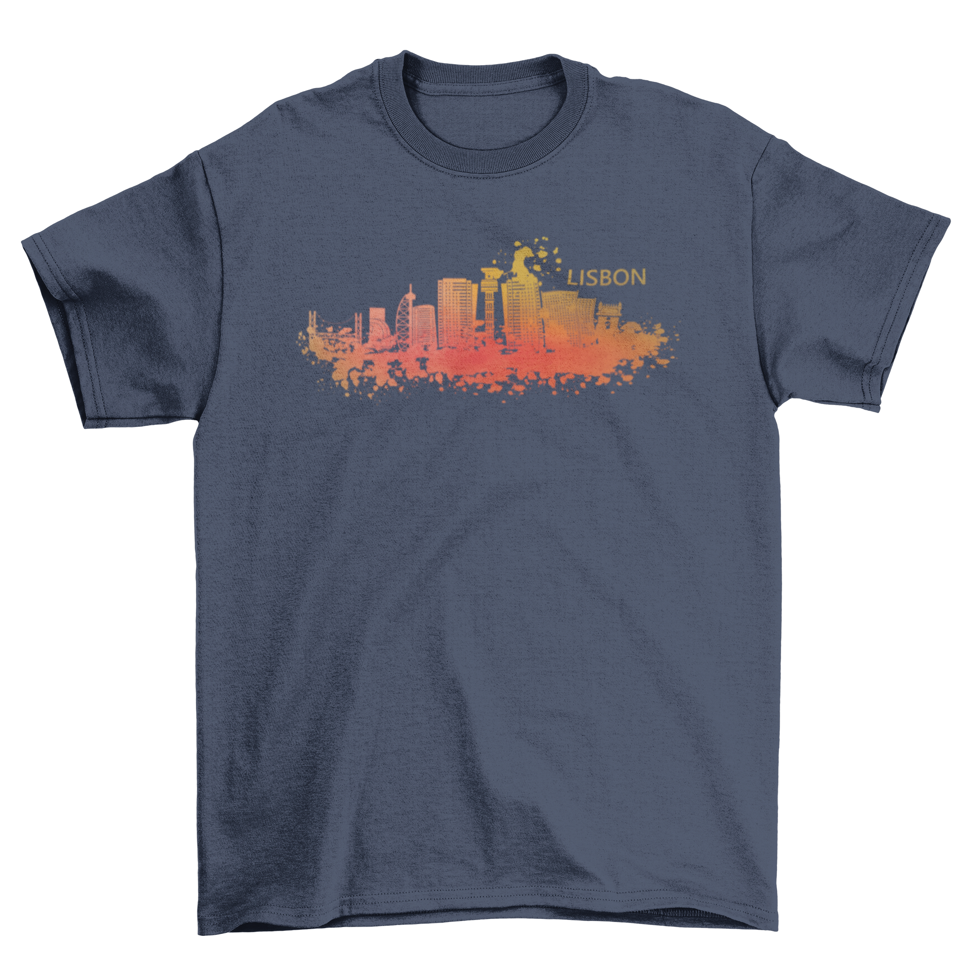 Lisbon watercolor skyline t-shirt featuring iconic landmarks in vibrant orange tones, showcasing the beauty of Portugal's capital.