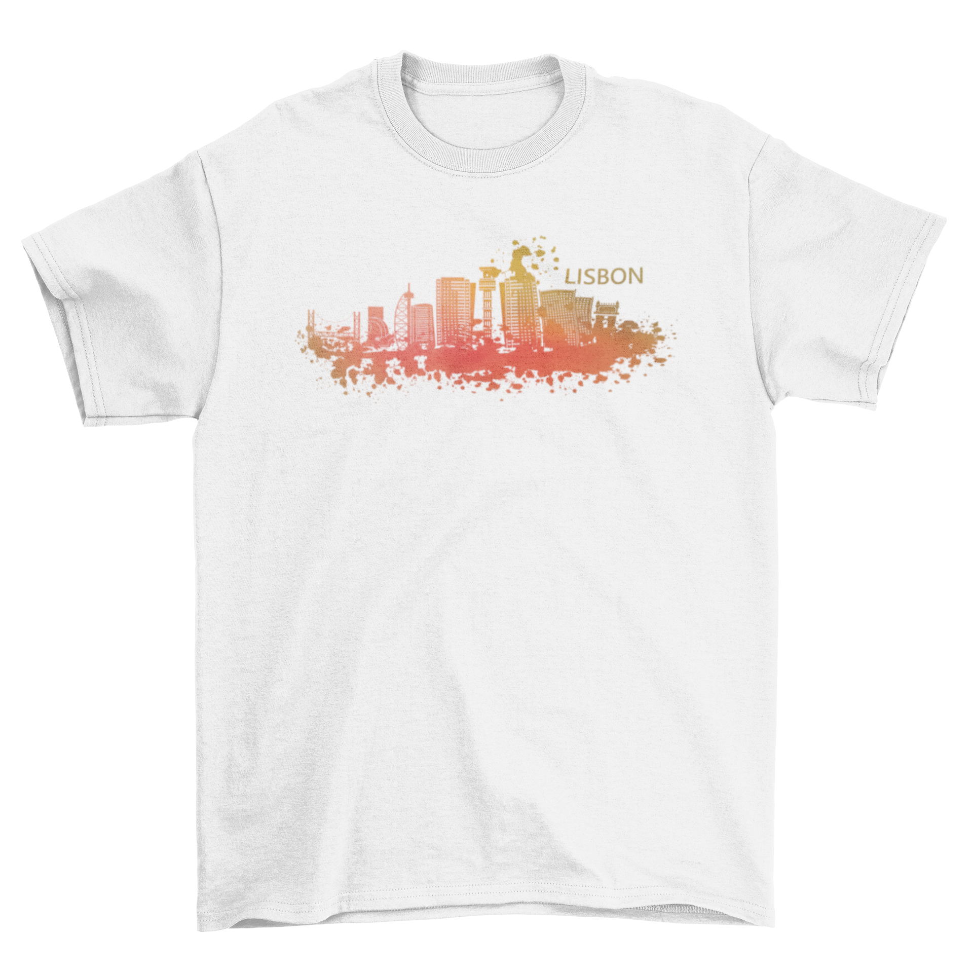 Lisbon watercolor skyline t-shirt featuring iconic landmarks in vibrant orange tones, showcasing the beauty of Portugal's capital.