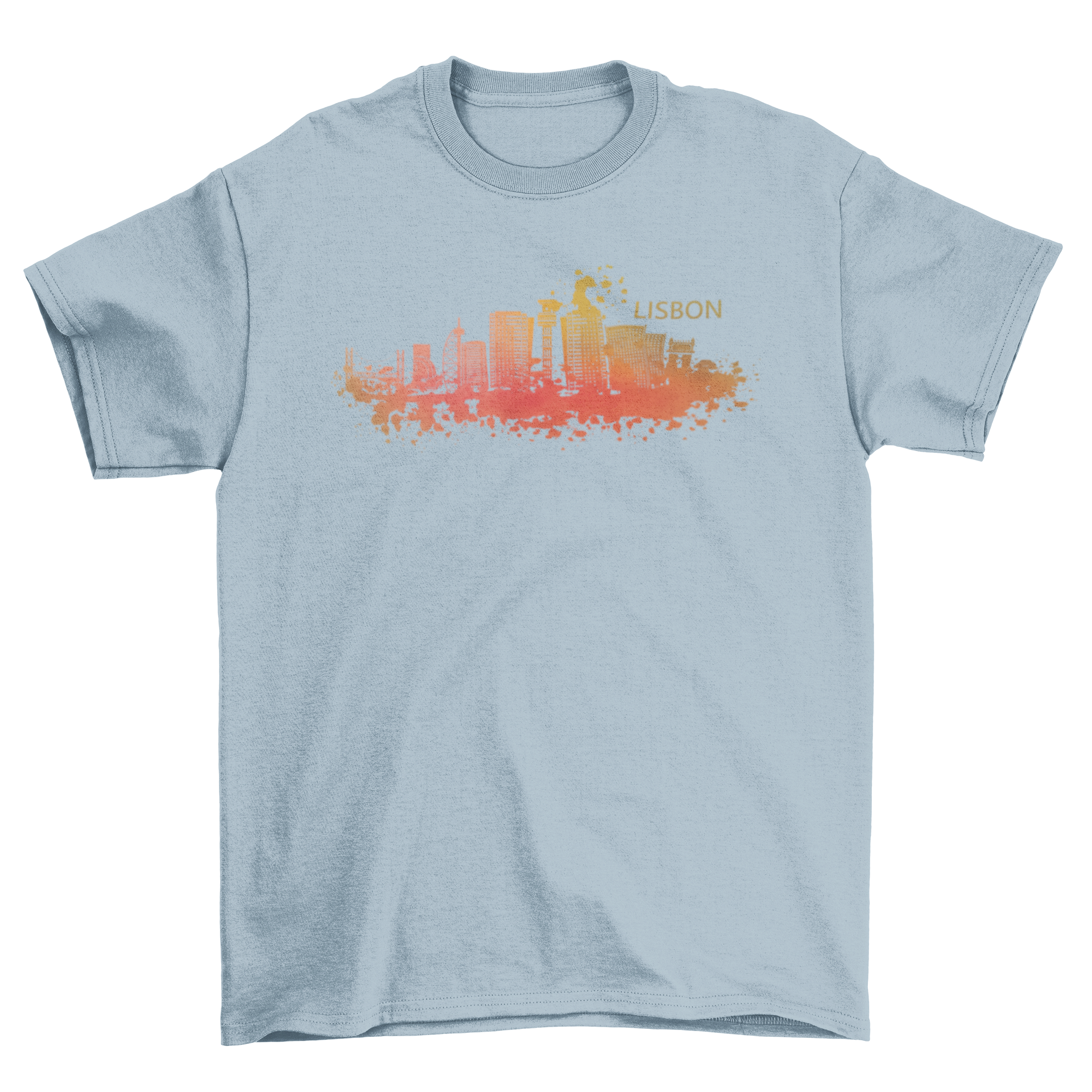 Lisbon watercolor skyline t-shirt featuring iconic landmarks in vibrant orange tones, showcasing the beauty of Portugal's capital.