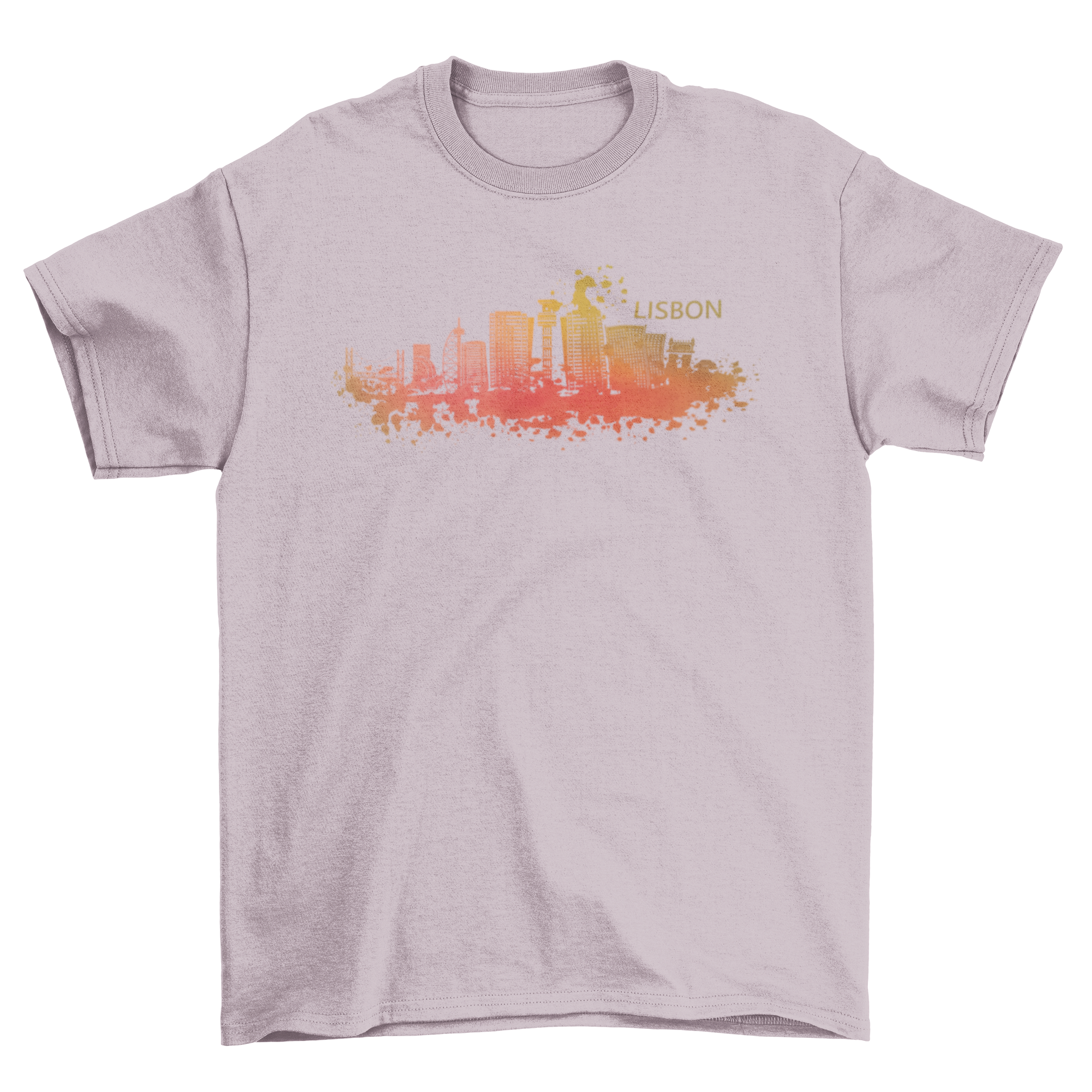 Lisbon watercolor skyline t-shirt featuring iconic landmarks in vibrant orange tones, showcasing the beauty of Portugal's capital.